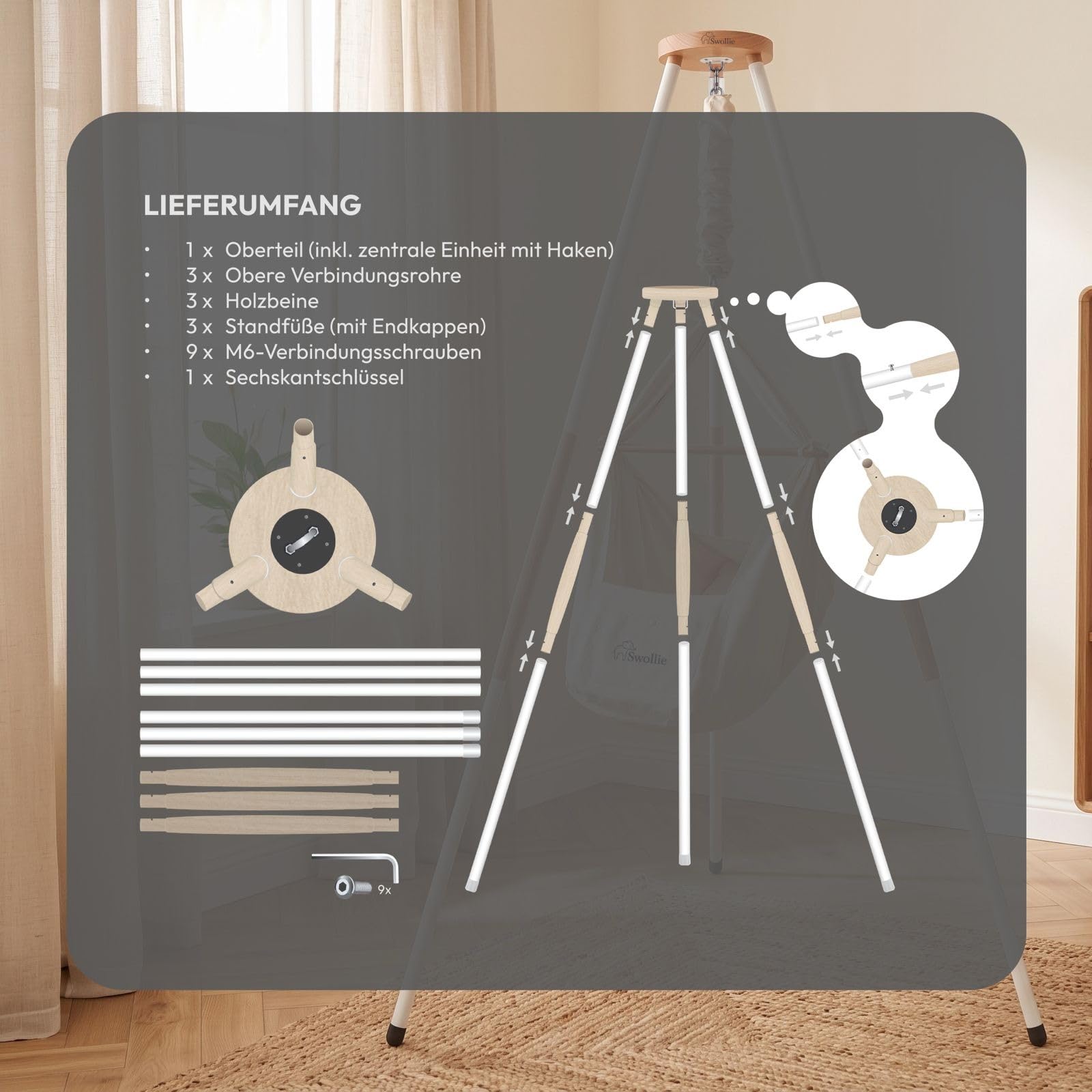 Tipi Gestell Beige - für Baby-Federwiegen - ab Geburt bis 15 Kg - rutschfeste Füße - einfacher Aufbau - stilvolles Design
