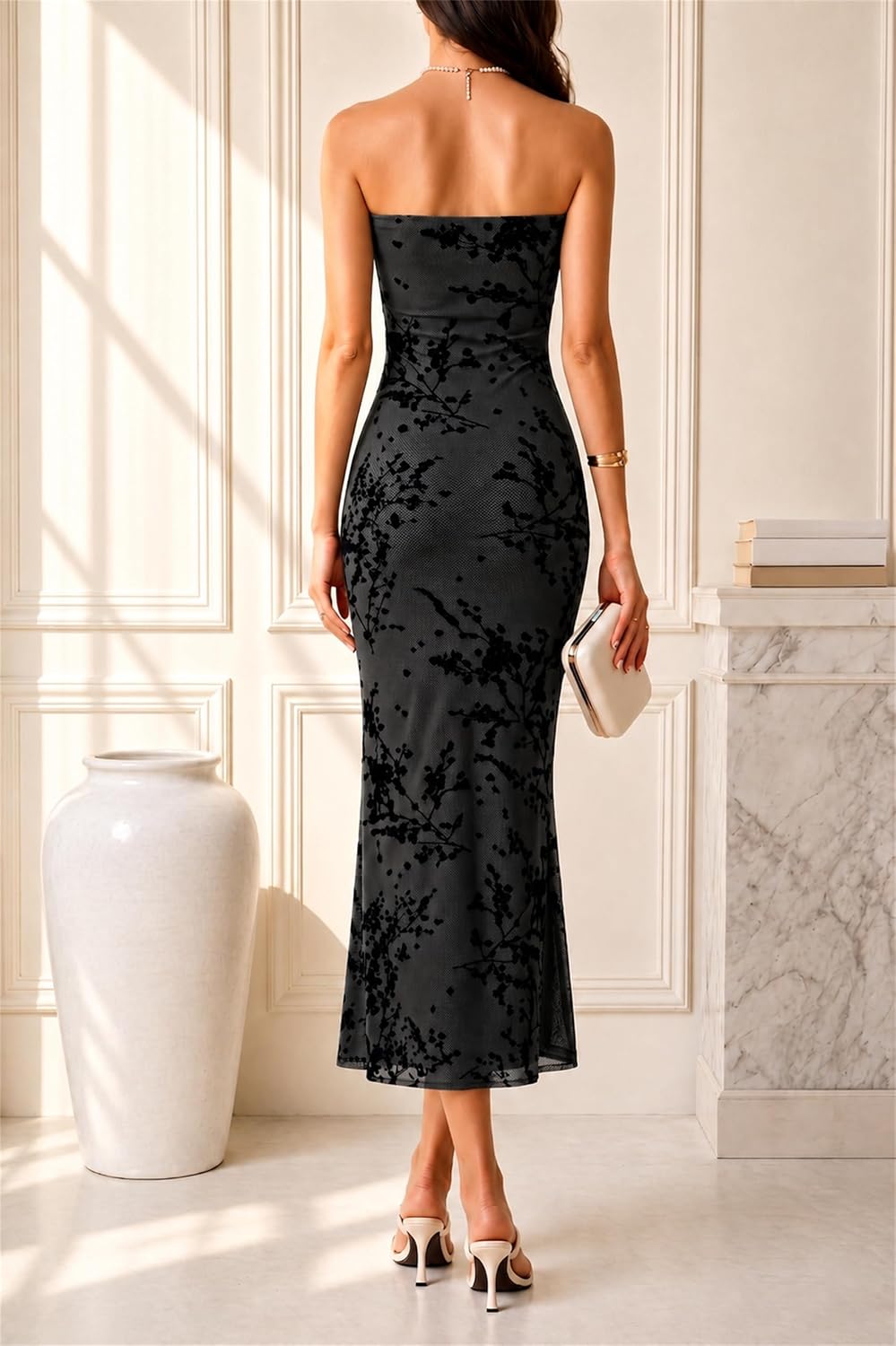 Women's Floral Strapless Maxi Dress 2026 Summer Mesh Tube Bodycon Wedding Guest Cocktail Party Formal Dress