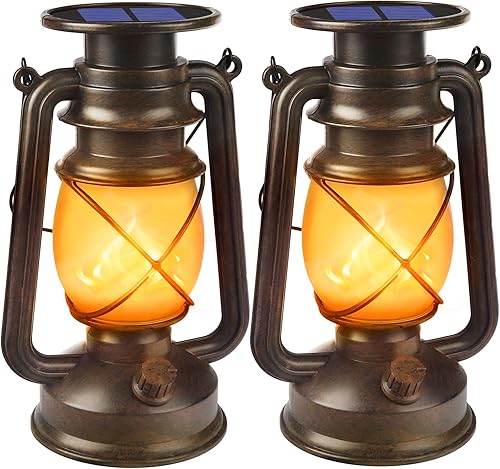 Faroles solares impermeables para exteriores, paquete de 2 linternas vintage de bronce con llama bailarina luces colgantes LED, lámparas para