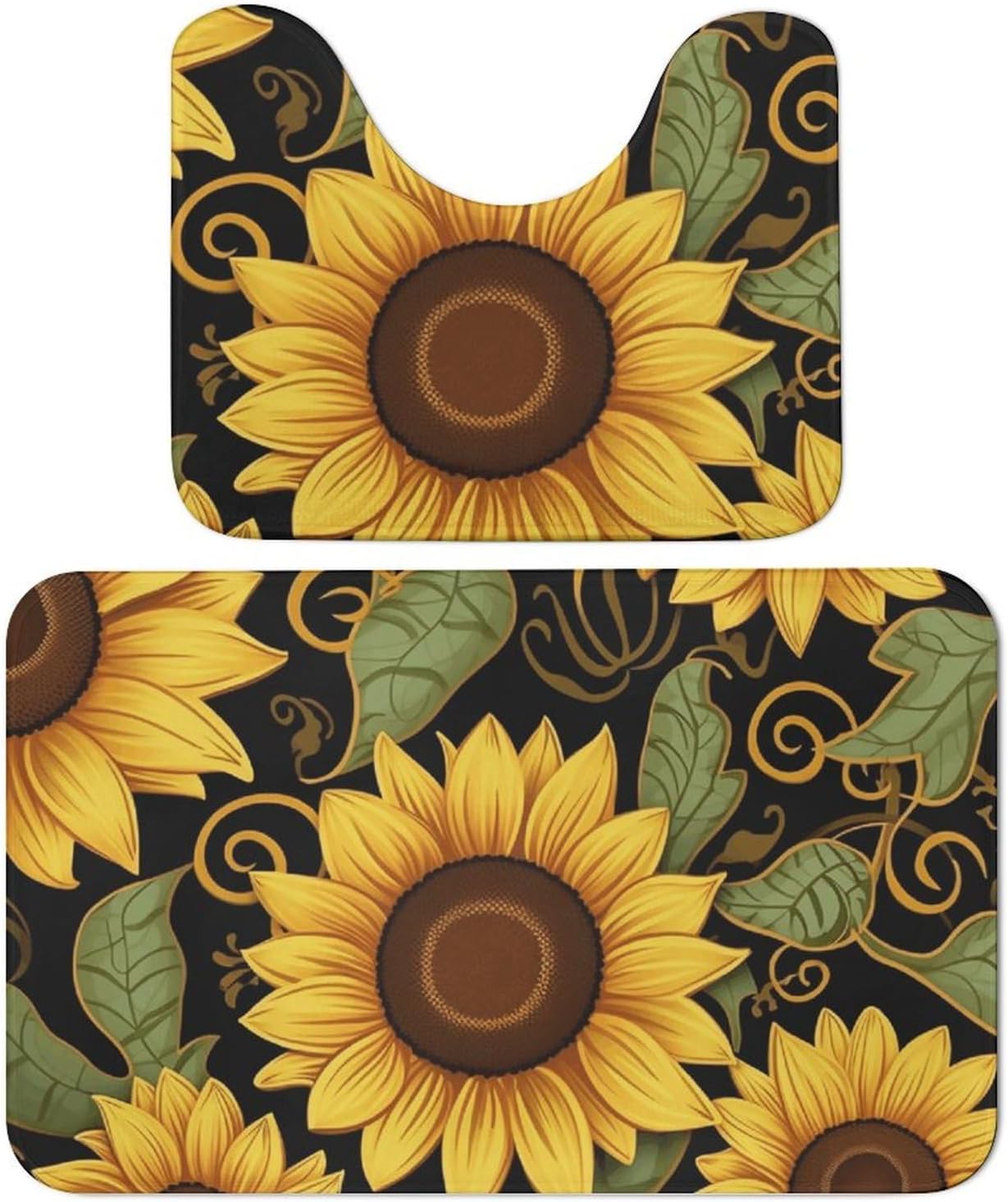 Bath Mat Set 2 Pieces Coral Velvet Bath Rug Non Slip Absorbent Microfiber Bathroom Rugs Quick Dry U-Shaped Toilet Rug Beautiful Sunflower Bathmat Washable Soft Carpet