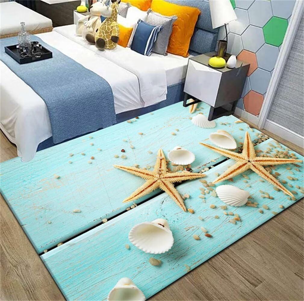Tapis sticker coquille 3D bleu grand format anti-glisse et lavable pour salon