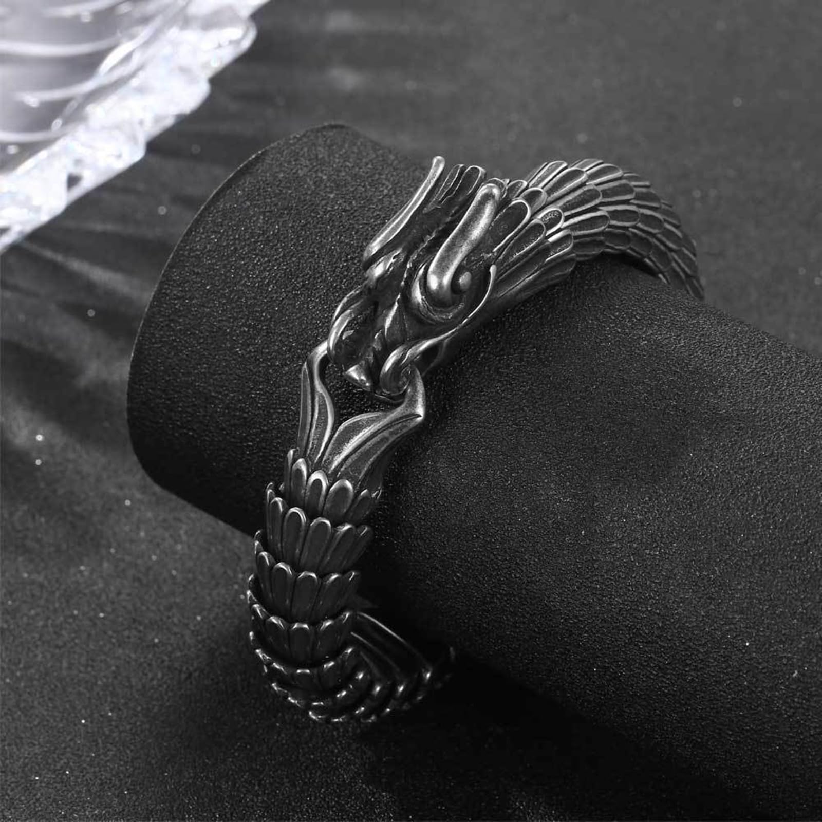 Bracelet Homme Dragon Noir Acier Inoxydable, Chaîne Large 15.2mm Punk Fantaisie