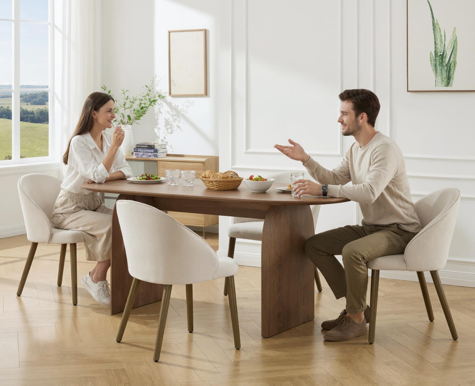 Ya-Home Set di 2 Sedie da Pranzo in Tessuto Sedie Cucina Moderne Poltroncine da Cucina con Gambe in Legno Massiccio Sedie Imbottite per Sala da Pranzo/Soggiorno, Beige