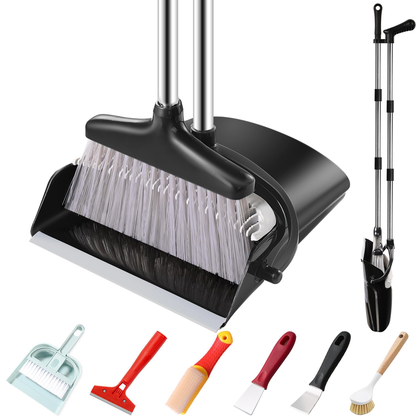 Broom and Dustpan Set with Long Handle and 6 Bonus Cleaning Tools, Upright Standing Combo with Self-Cleaning Teeth & Windproof Dustpan for Pet Hair,