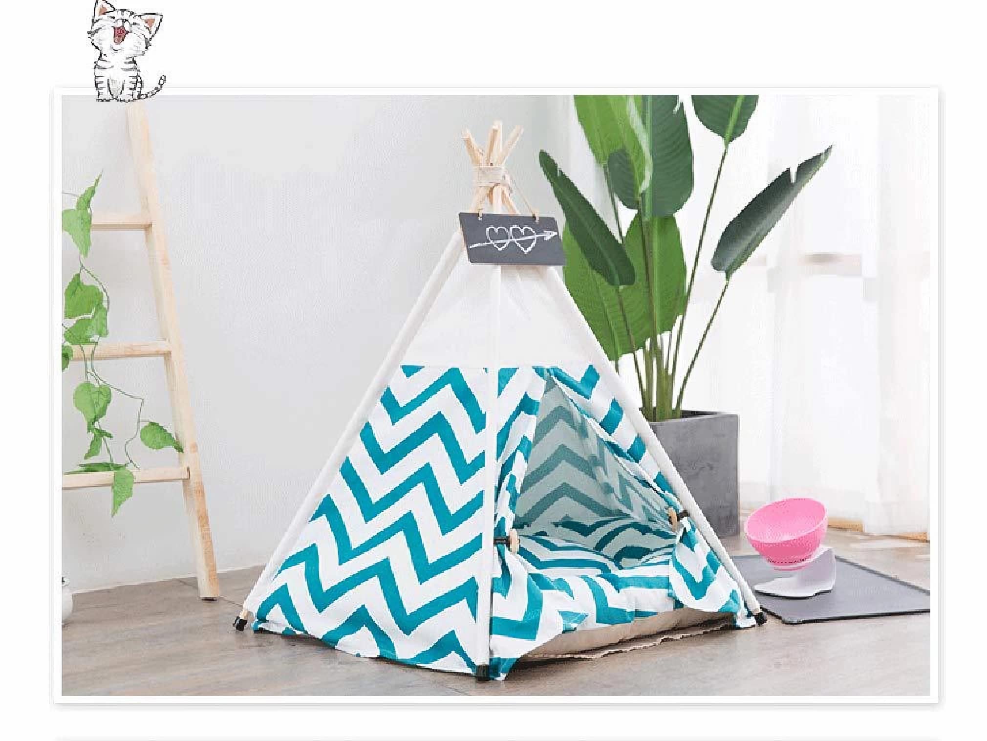 SEOUGEE Mascotas Tipi tienda de campaña para perros y gatos lavable y extraíble lona de algodón cama perro y gato casa con cojín interior y exterior mascota perrera y casa de juegos portátil y