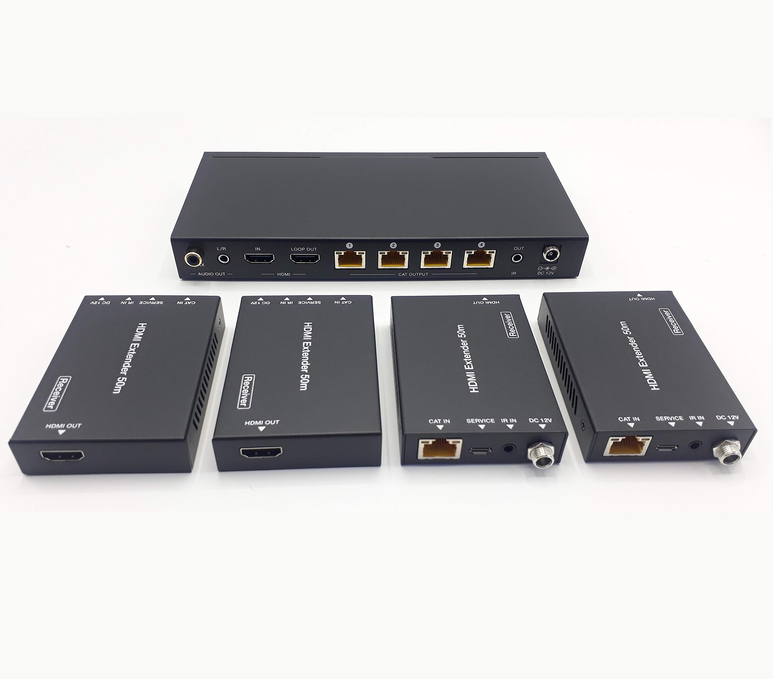 Répartiteur HDMI FOURKAY 1x4 sur Ethernet Cat6/7 avec 4 récepteurs PoC et Sortie en Boucle HDMI. Transmettez 4K60Hz jusqu'à 35 m ou 1080p à 60 m. Extraction Audio. Retour du Signal de Commande IR