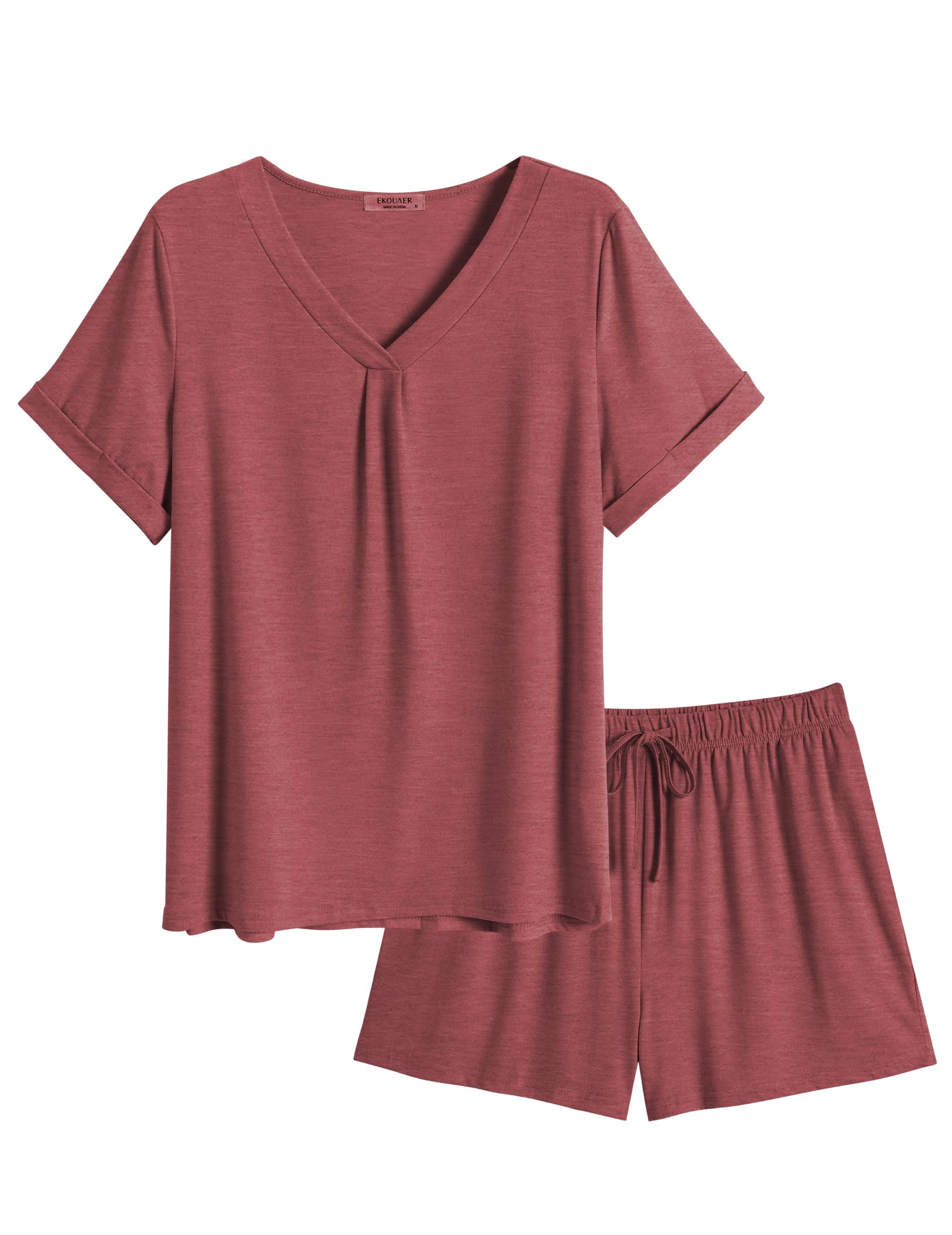 Ekouaer Pajamas Set Women's Short Sleeve 2 Piece PJ Sets V Neck Comfy Sleepwear Loungewear with Pockets S-XXL