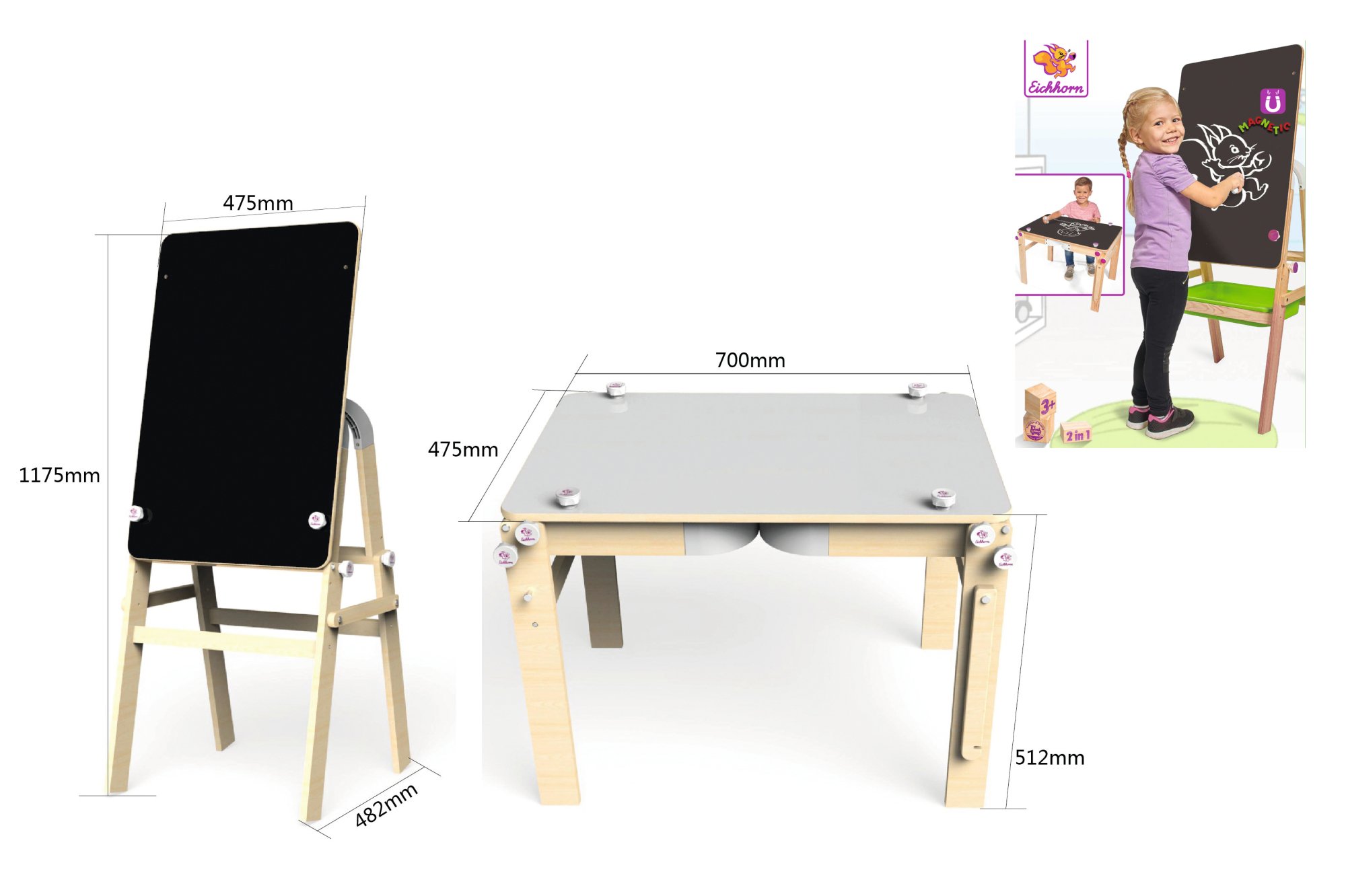 Eichhorn 100002573 - Maltafel für Kreide, Folienstift und Schreibtisch, 2 in 1, Umbaubar, Holztafel 52x50,5x128,5cm / Holztisch 48x70x51,5cm, Kiefernholz