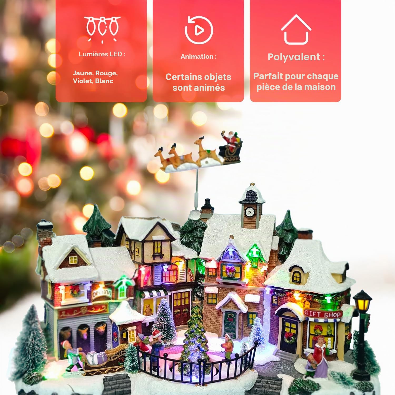 Avilia Village de Noël animé avec éclairage LED et Musique de Noël – Idéal pour décorer de manière Unique et Moderne Votre Maison – Fabriqué avec des matériaux résistants – 31 x 38 x 22 cm