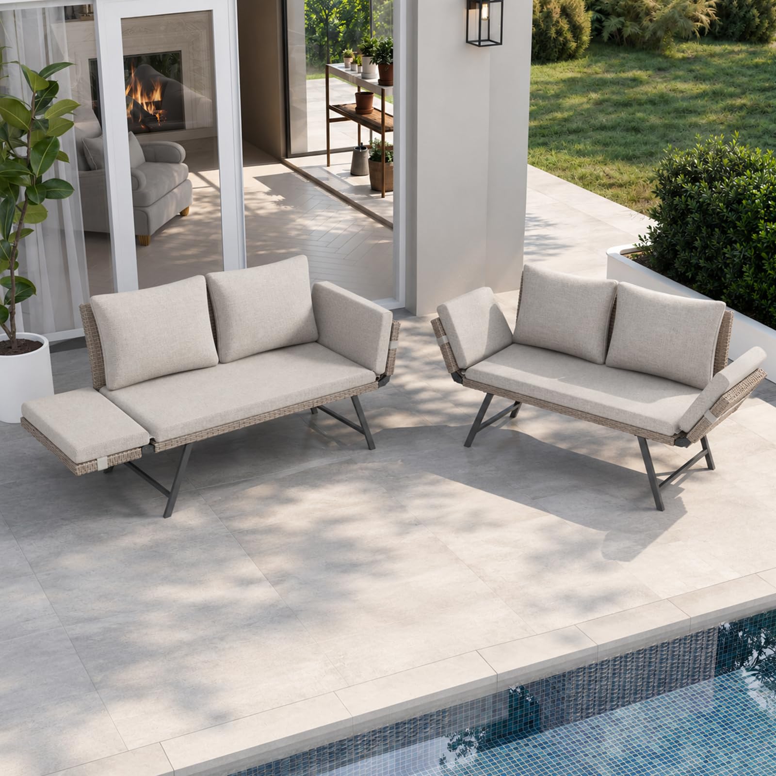 Lot de 2 Canapé de Jardin 2 Places en Poly Rottin avec Accoudoirs Réglables, Chaise Longue pour Terrasse Balcon Patio, Meuble de Jardin avec Coussins Lavables Beige