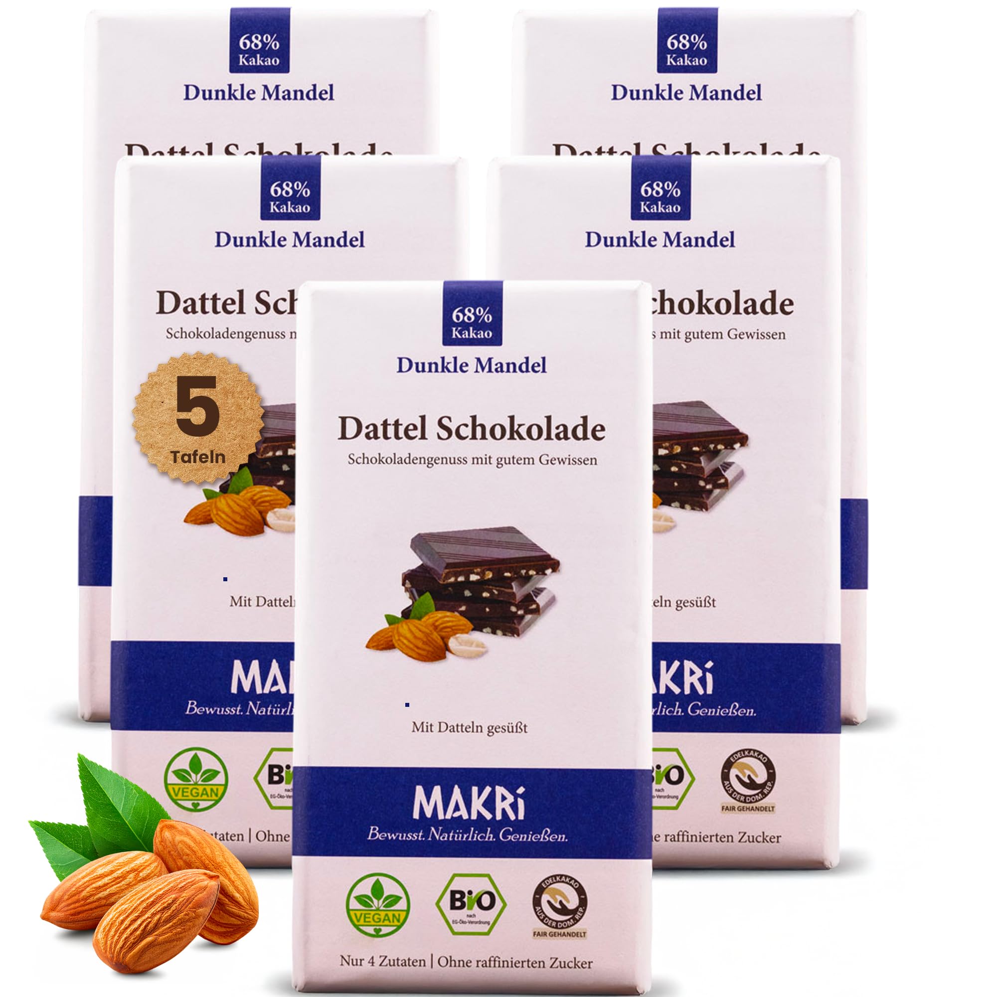 MAKRi Dattel Schokolade | Vegan & Bio, Laktosefrei und Glutenfrei, Ohne Zusatzstoffe | Dattelschokolade Ohne Raffinierten Zucker, Schokolade mit Datteln Gesüßt (Dunkle Mandel 68%, 5 Tafeln)