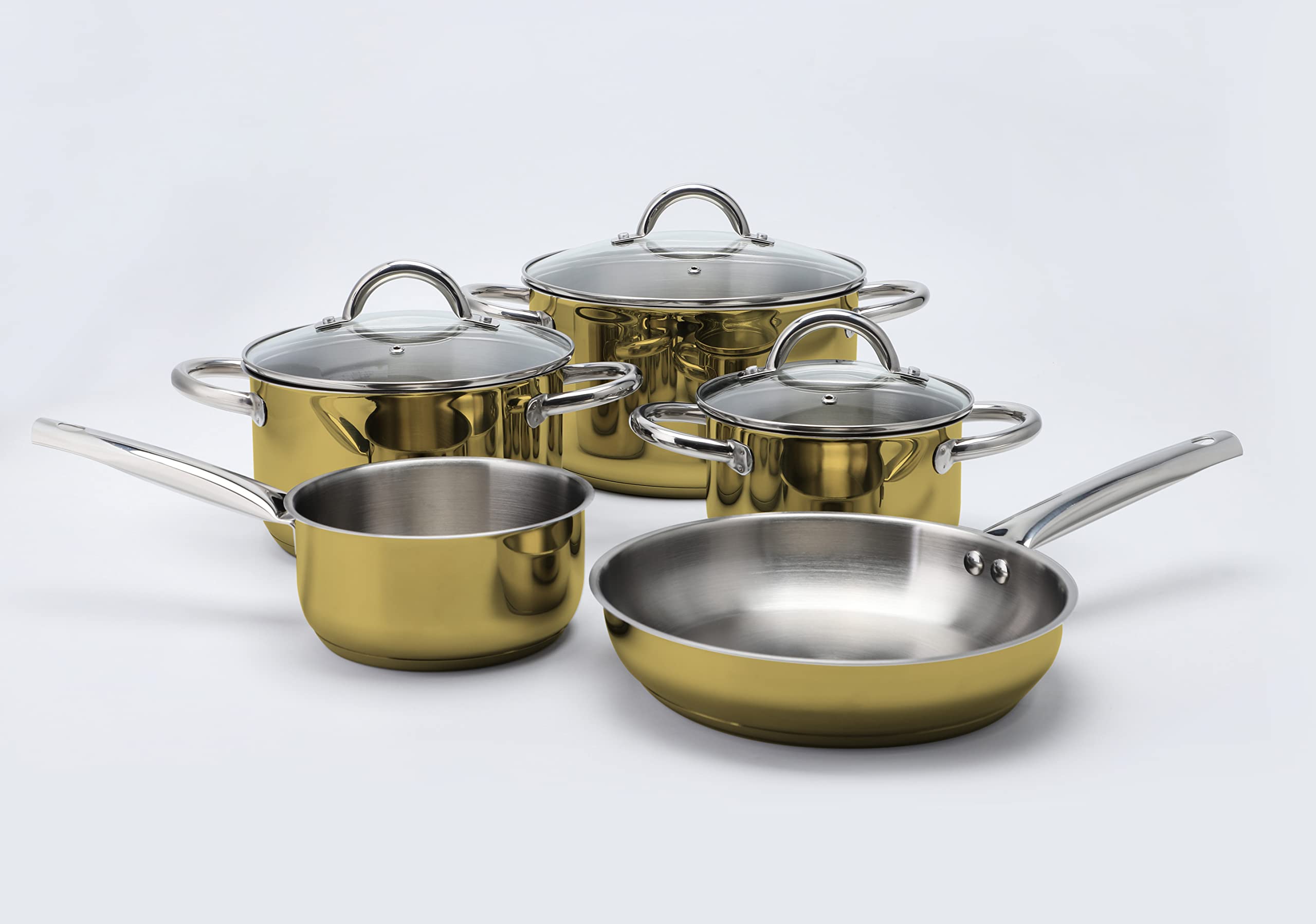 ECHTWERK Lot de 8 casserole en acier inoxydable de qualité supérieure - Avec couvercle en verre - 3 casseroles - Pour tous types de feux - Édition dorée