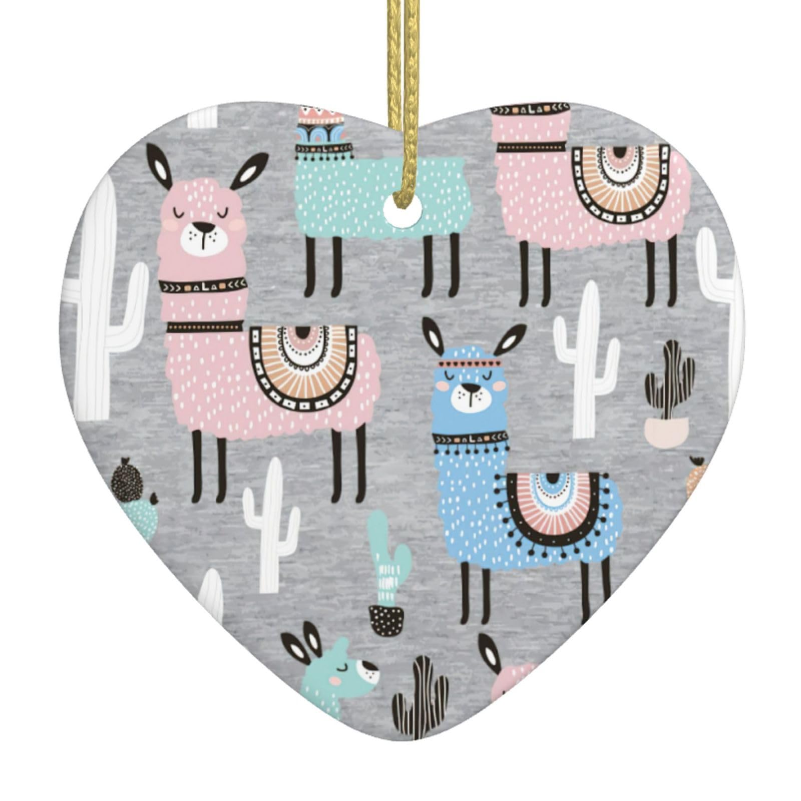 Nbtghga White Llama Cactus Print Christmas Ornaments, Ceramic Hanging Ornament, Xmas Tree Decoration, Holiday Home Decor