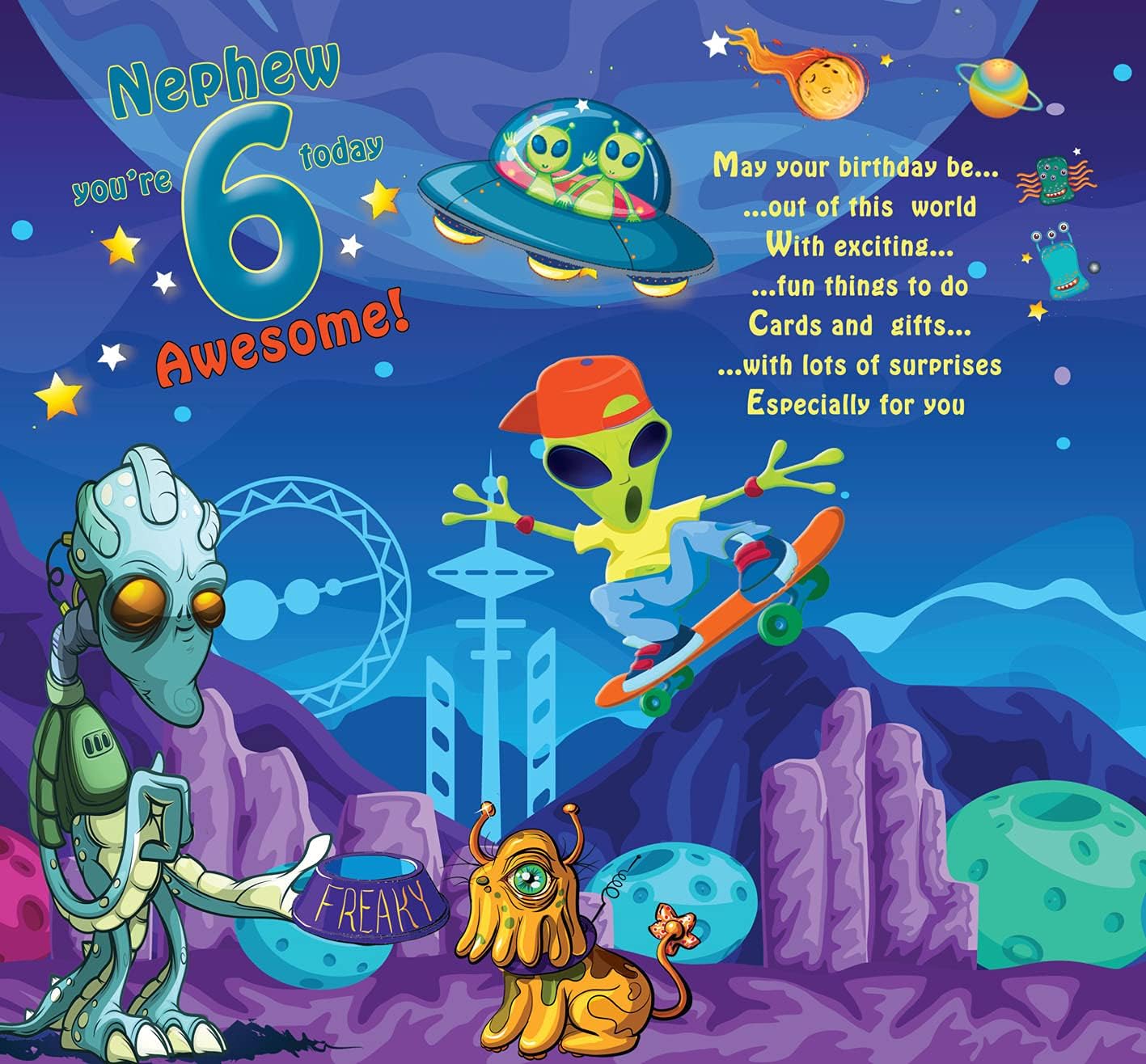 Nephew 6 Today, Happy Birthday Awesome 6th Greeting Card with Lovely Verse, Outer Space, Aliens, UFO, Skateboard, Comic Art - Image 3