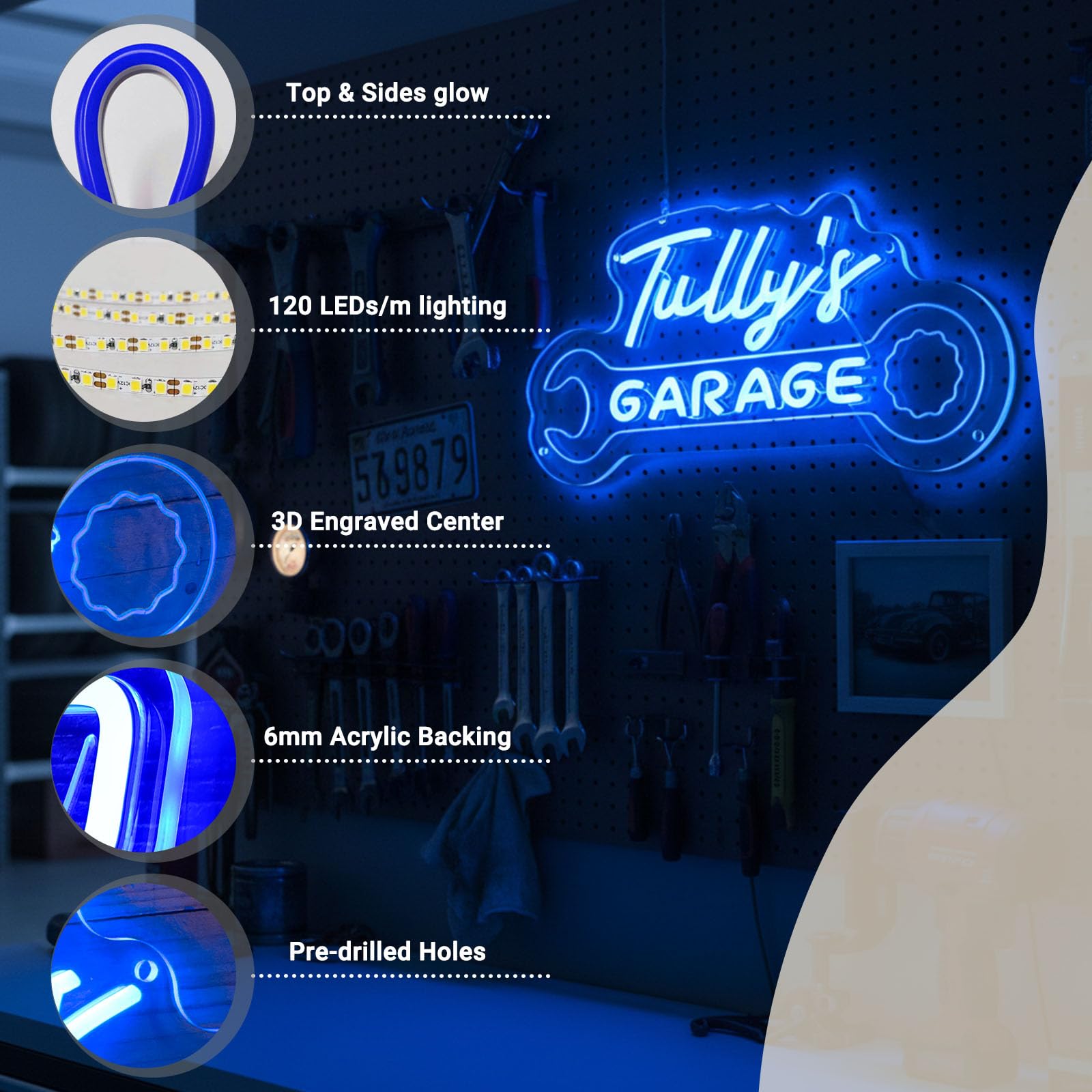 Cartello al neon personalizzato per garage, cartello luminoso a LED personalizzato con forma di chiave, decorazione da parete per meccanici di auto retrò, cartello luminoso per grotta o officina