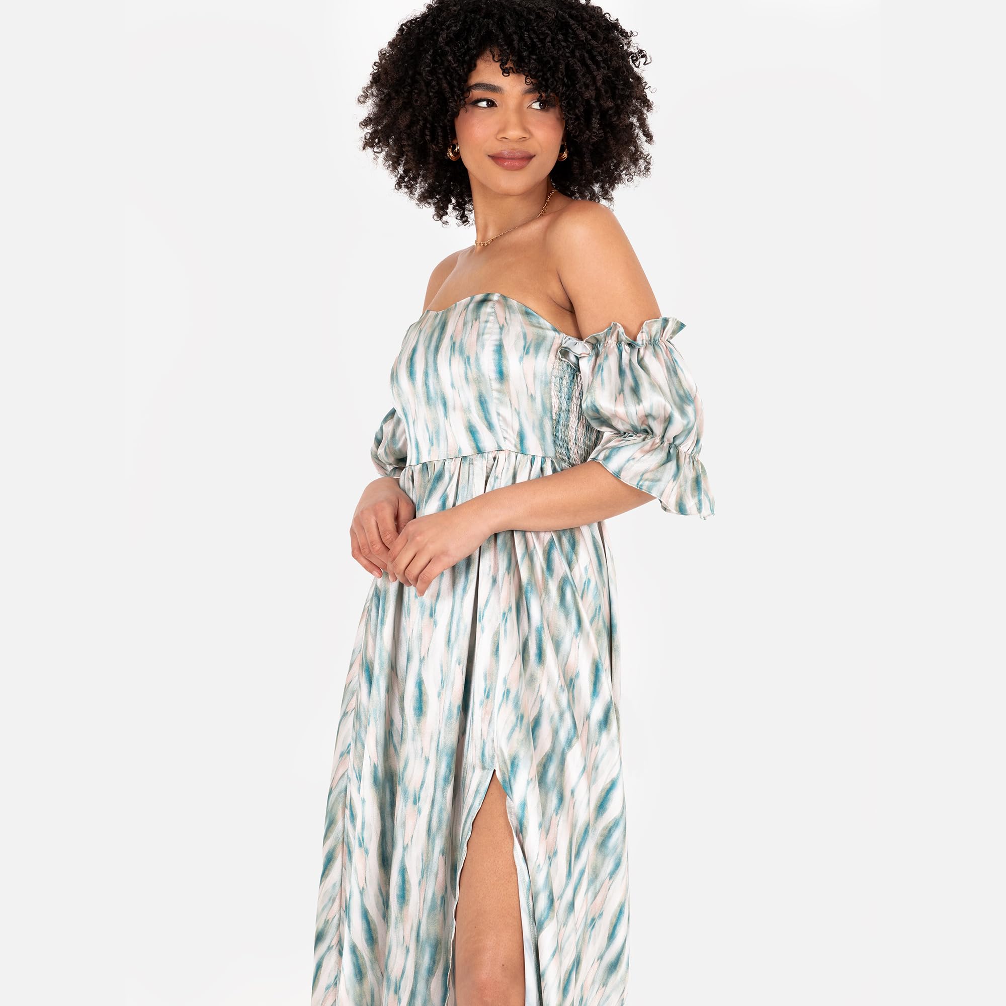 Lovedrobe Vestido para Mujer Midaxi Bardot Off-The-Shoulder Neckline Short Ruffle Sleeve A-Line Split Leg Abstract Print