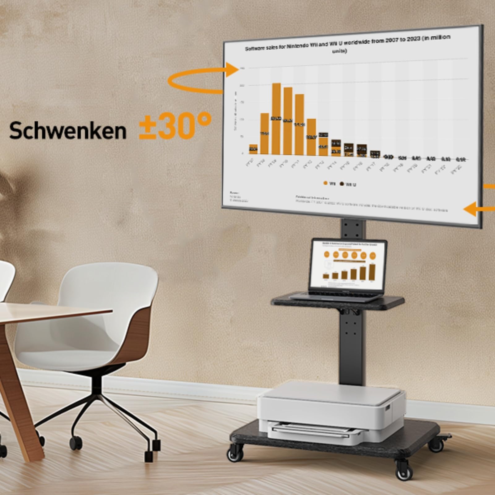 Perlegear TV Ständer Rollbar für 32-75 Zoll Fernseher bis zu 50kg - Höhenverstellbarer TV-Ständer mit Rollen, Schwenk- und Neigbar, inkl. Tablett, Max VESA 600x400mm, PGTVMC27