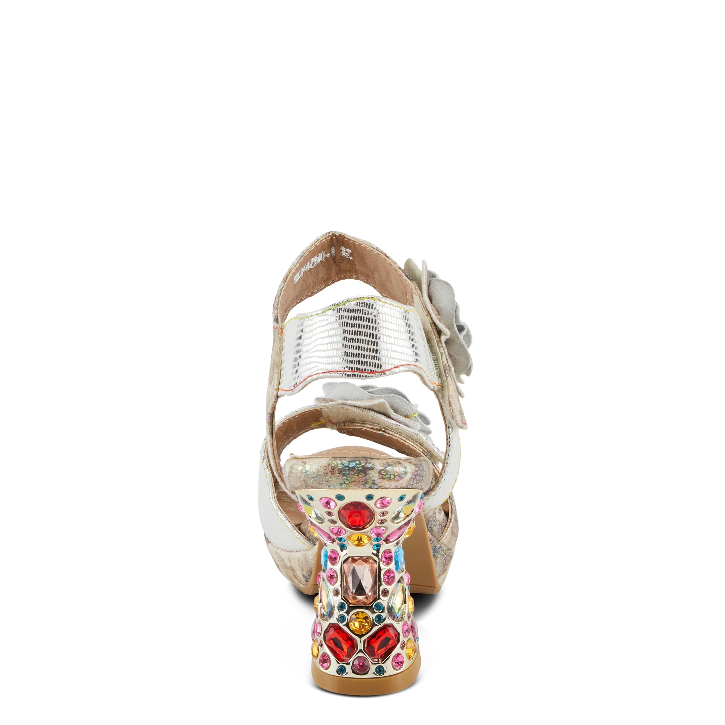 Spring Step L'Artiste Women's SMASHING Metallic Leather Sandals - Opulent Decorative Flowers, Sculpted Jewel Heel, Wearable Art Footwear