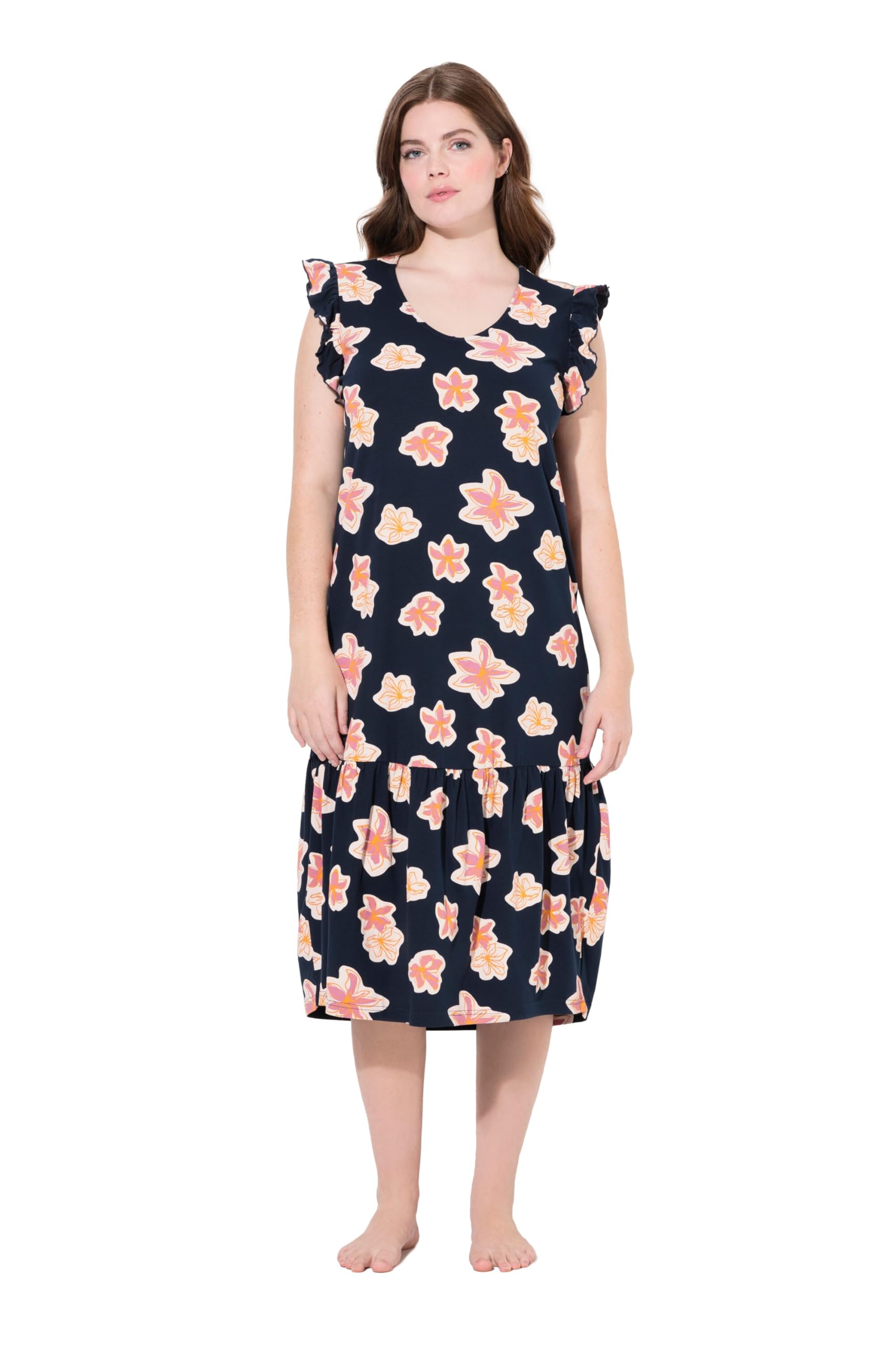 Ulla Popken Damen große Größen Übergrößen Plus Size Nachthemd, Blüten, V-Ausschnitt, Flügelarm, Biobaumwolle 837219
