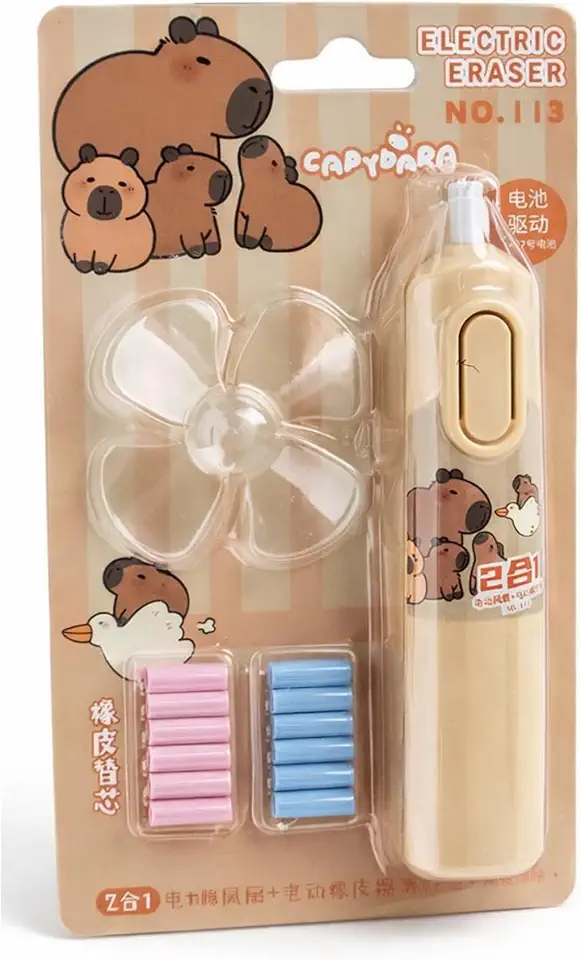 Borracha Elétrica 2 em 1 com Mini Ventilador, 12 Refis Inclusos, Capivara