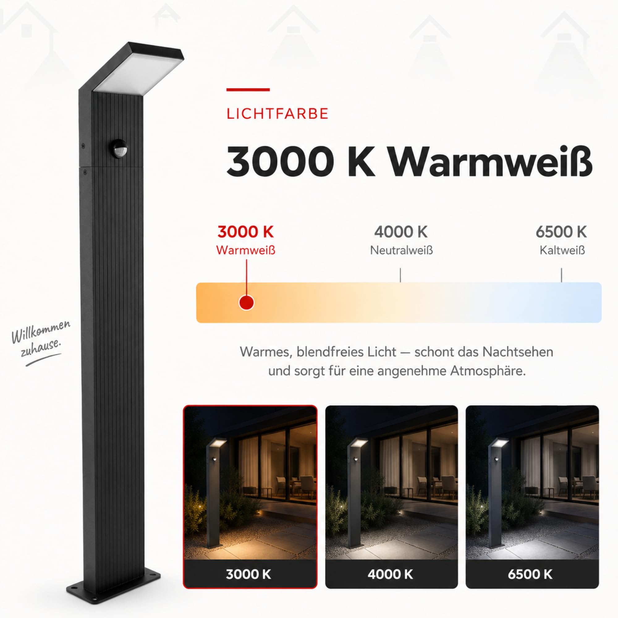 Maxkomfort LED Außenstandleuchte 80 cm Schwarz mit Bewegungsmelder – Premium Wegeleuchte IP65, 8W, 1280lm, 3000K warmweiß, Aluminium, Sensor mit Zeit- & Lux-Einstellung