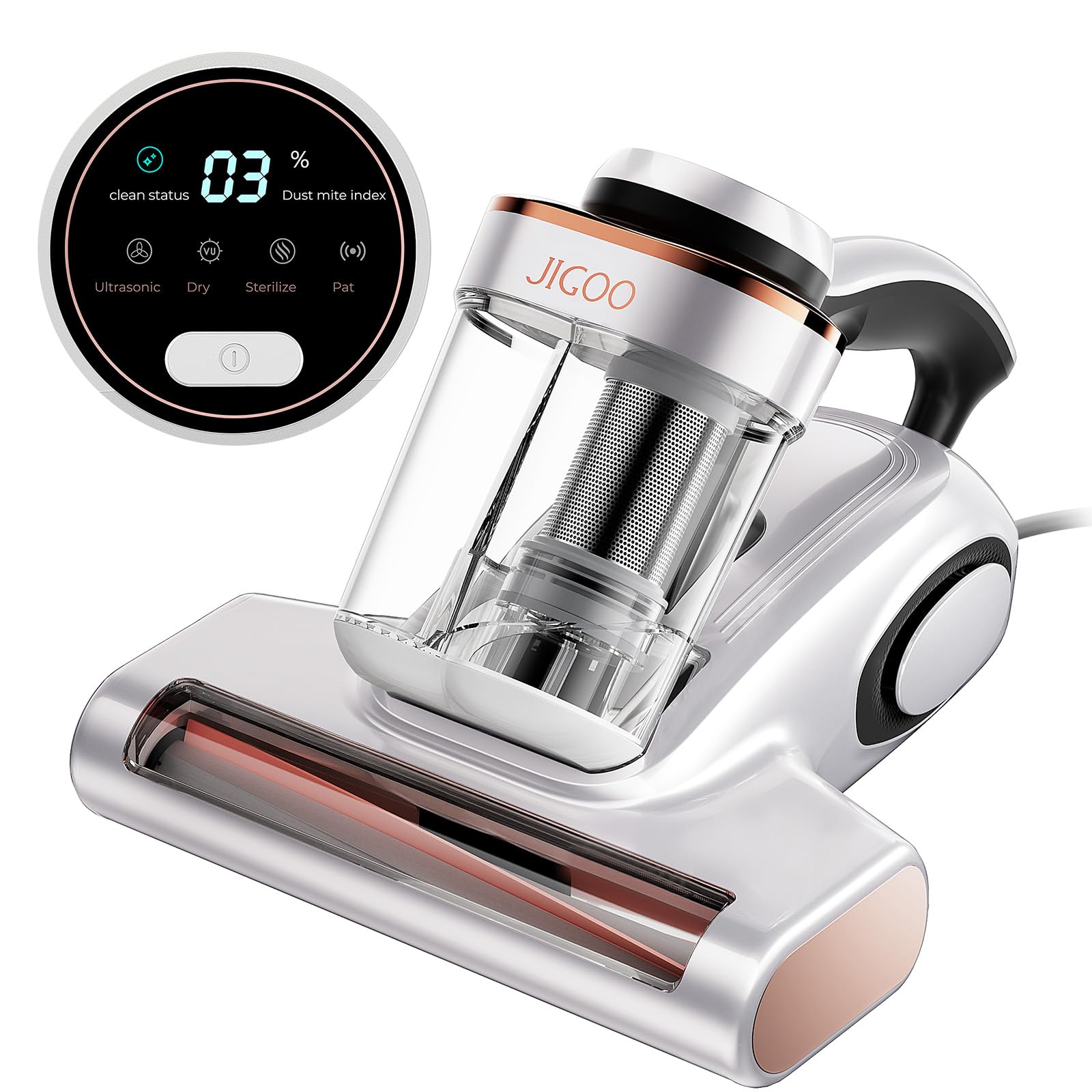 JIGOO Bed Vacuum Cleaner with Dust Sensor, Mattress Vacuum Cleaner with UV & Ultrasonic and High Heating, 13Kpa Suction 500W Powerful Double-Cup Handheld Vacuums (J300, Corded)