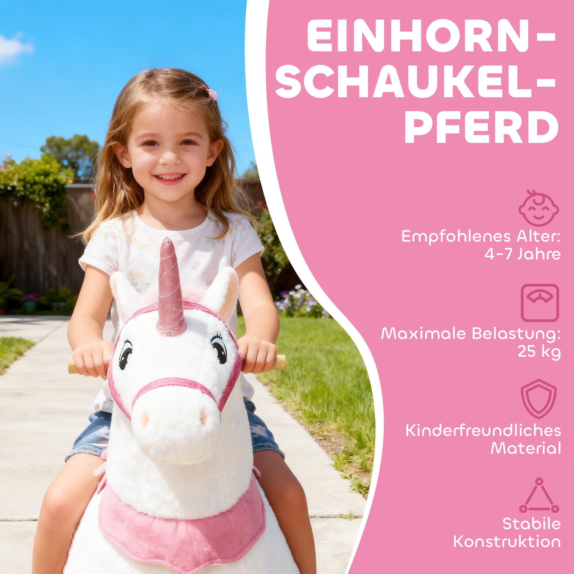 AIYAPLAY Reitpferd auf Rollen Spielpferd zum Reiten Stehpferd mit Einhorn-Design, Plüschpferd für 4-7 Kinder Weiß