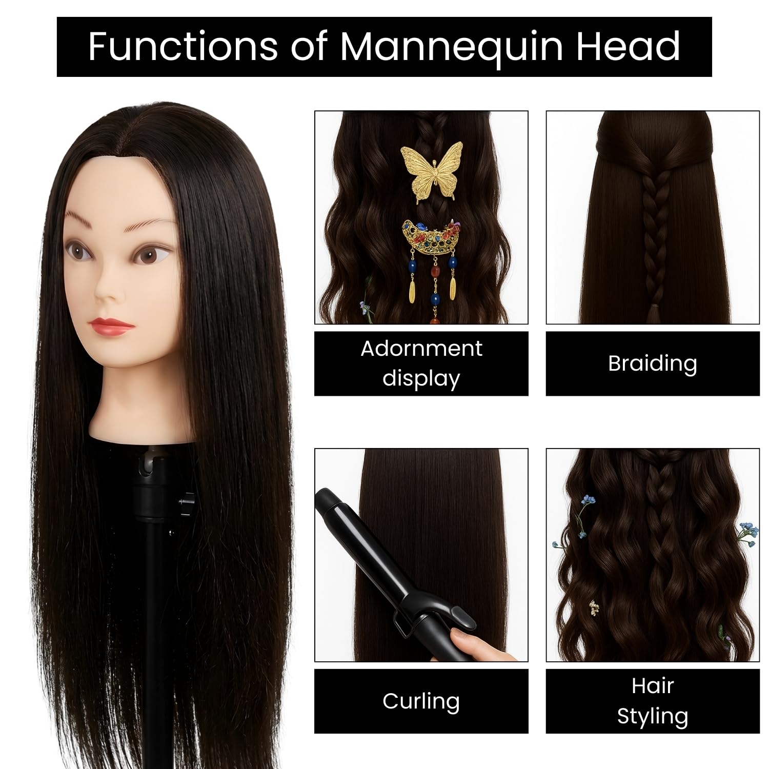 NYSA Professional 35-Inch Dark Brown Hair Mannequin Head | Premium Practice Dummy for Braiding, Cutting & Styling (80% Real Human Hair Blend) 3