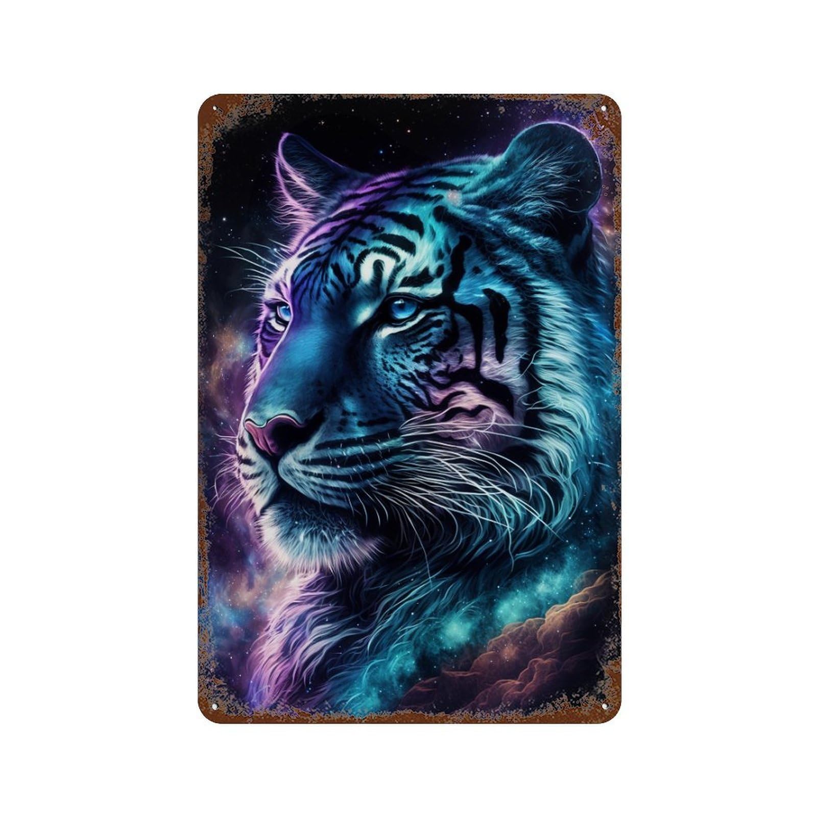 Rust Effect Neon Tiger Galaxy Art Print Retro Metal Sign 11.8"x7.9", Farmhouse Wall Decor for Living Room, Hallway And Home Decor