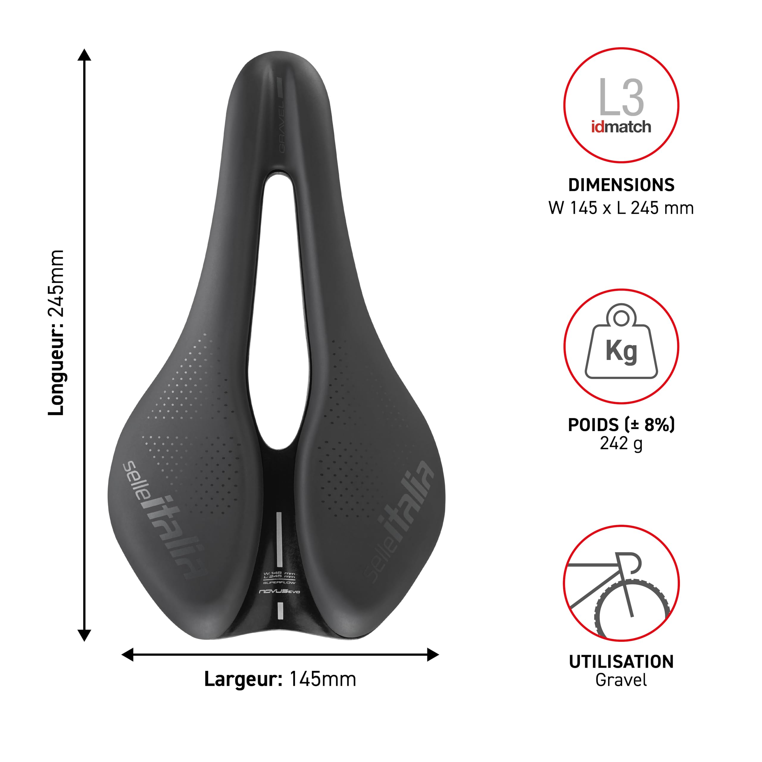 Selle Italia Novus Boost Evo Gravel TM Superflow - Selle de Vélo Gravel, Rembourrage Supplémentaire, Trou Superflow, Cadre en Manganèse