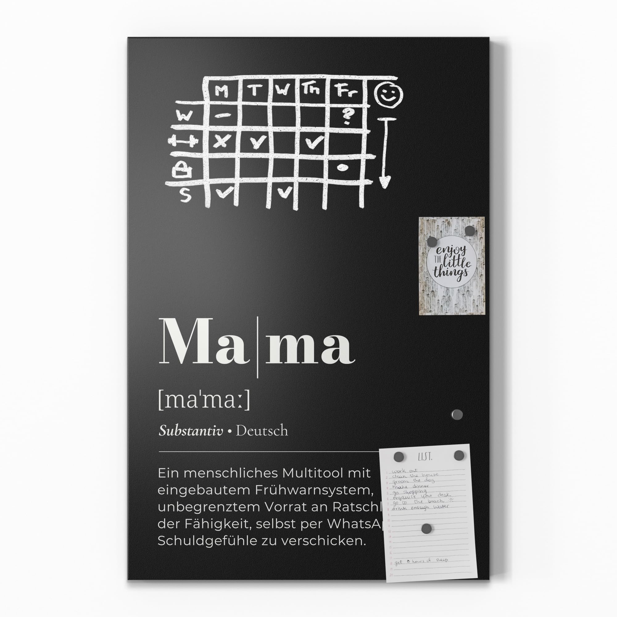 DEQORI Magnetische Kreidetafel mit UV-Druck | Motiv Mama - Definition | Design rechteckig 40x60 cm | Kreide Metalltafel beschreibbar – Wanddeko für Küche, Flur, Kinderzimmer & Büro