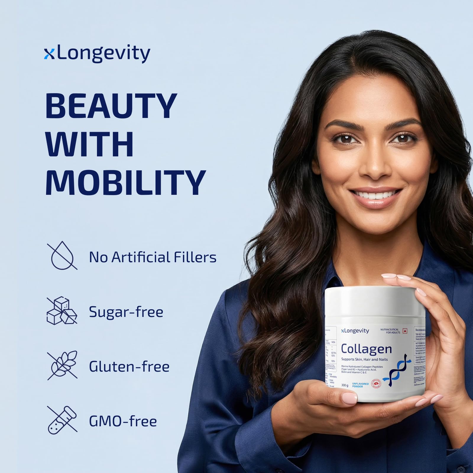 XLongevity Marine Collagen Powder 12000 mg Daily Supplement, 300g Unflavored, Women & Men | Hydrolyzed, Peptides, Biotin, Vitamin C & E, Hyaluronic Acid | Skin, Hair, Nails, Joints & Bones health 1