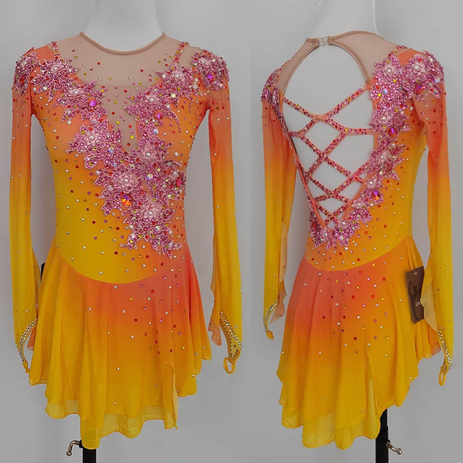 LIUHUO Eiskunstlaufkleid Gelb Farbverlauf und Stickmuster Wettbewerb Leistung, gelb