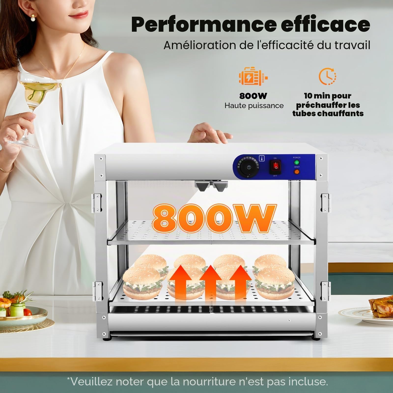 Armoire chauffante, chauffe-plats, 30 à 85 °C, comptoir chaud, 800 W, vitrine de maintien au chaud avec 2 bols en acier inoxydable et 1 pince à pain pour cantines, boulangeries, cafés, restaurants