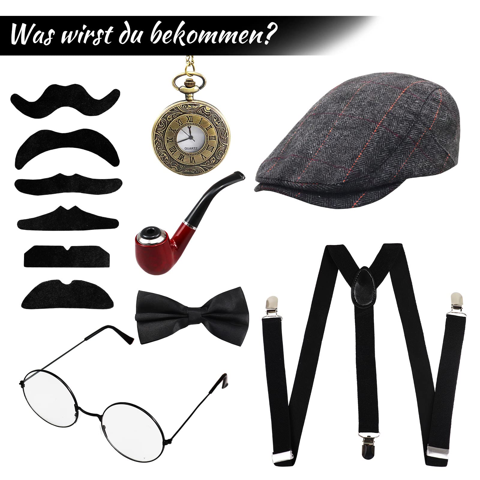 Akcesoria męskie w stylu lat 20., akcesoria męskie, zestaw do kostiumu mafii Gatsby, kostium gangstera w stylu lat 20., kapelusz panamski, elastyczne szelki, wąsy i zegarek kieszonkowy, cygaro