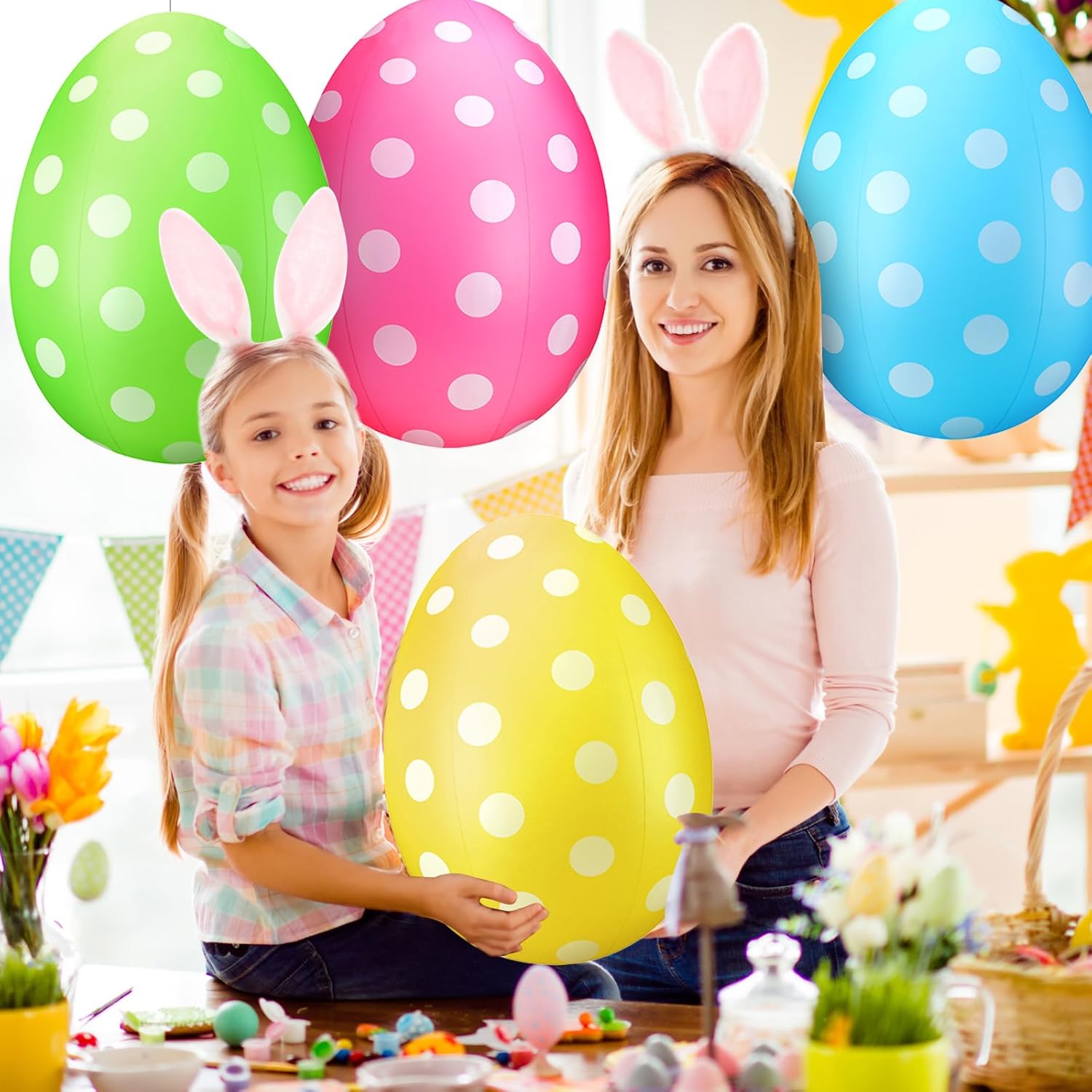 12 Pack 24 Inch Easter Inflatable Eggs Jumbo Outdoor Decorations Yard Lawn Decor Kids Toys Bunny Colorful Eggs Inflatable Ornaments for Garden, Party