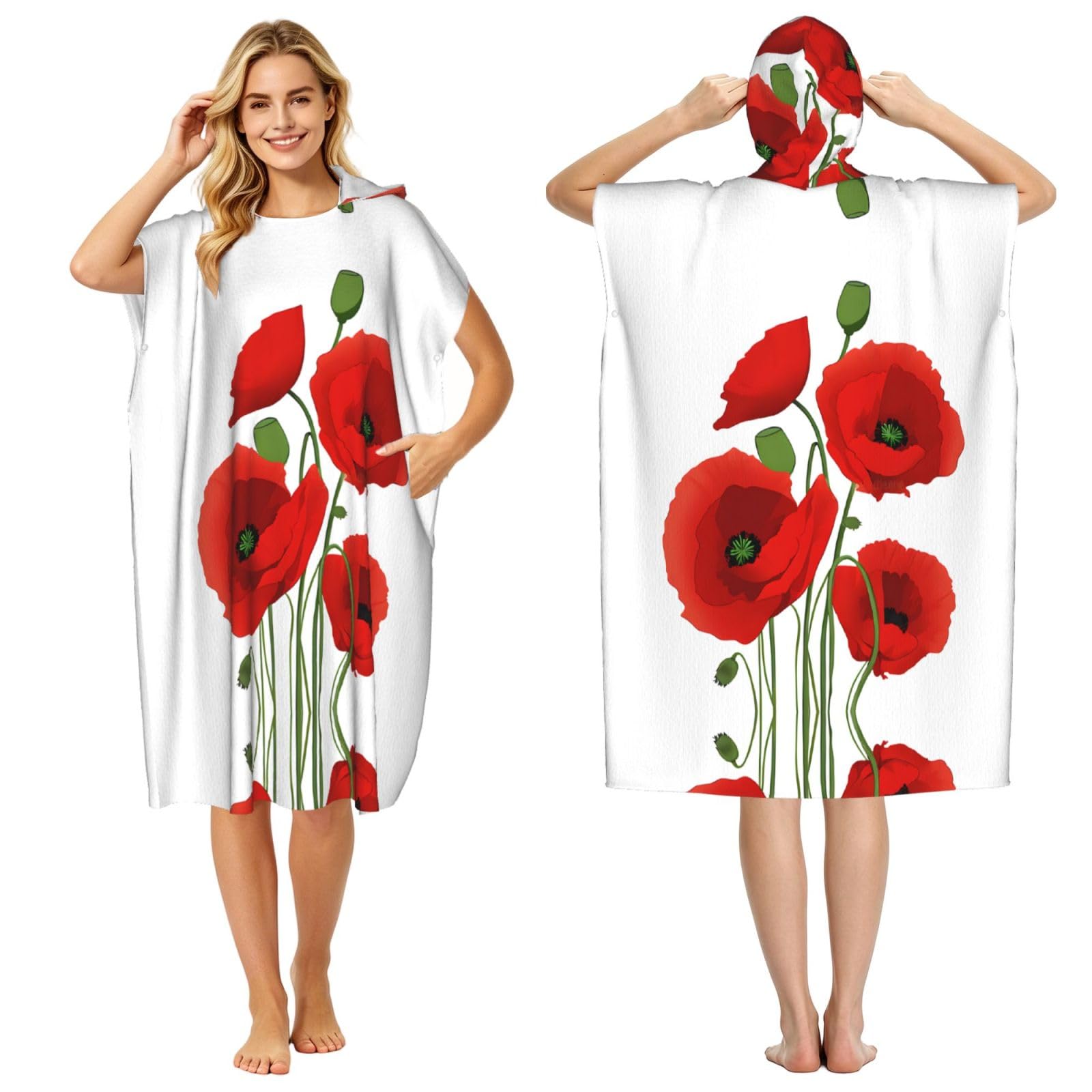 Peignoir à capuche fleurs de coquelicot en éponge légère adulte