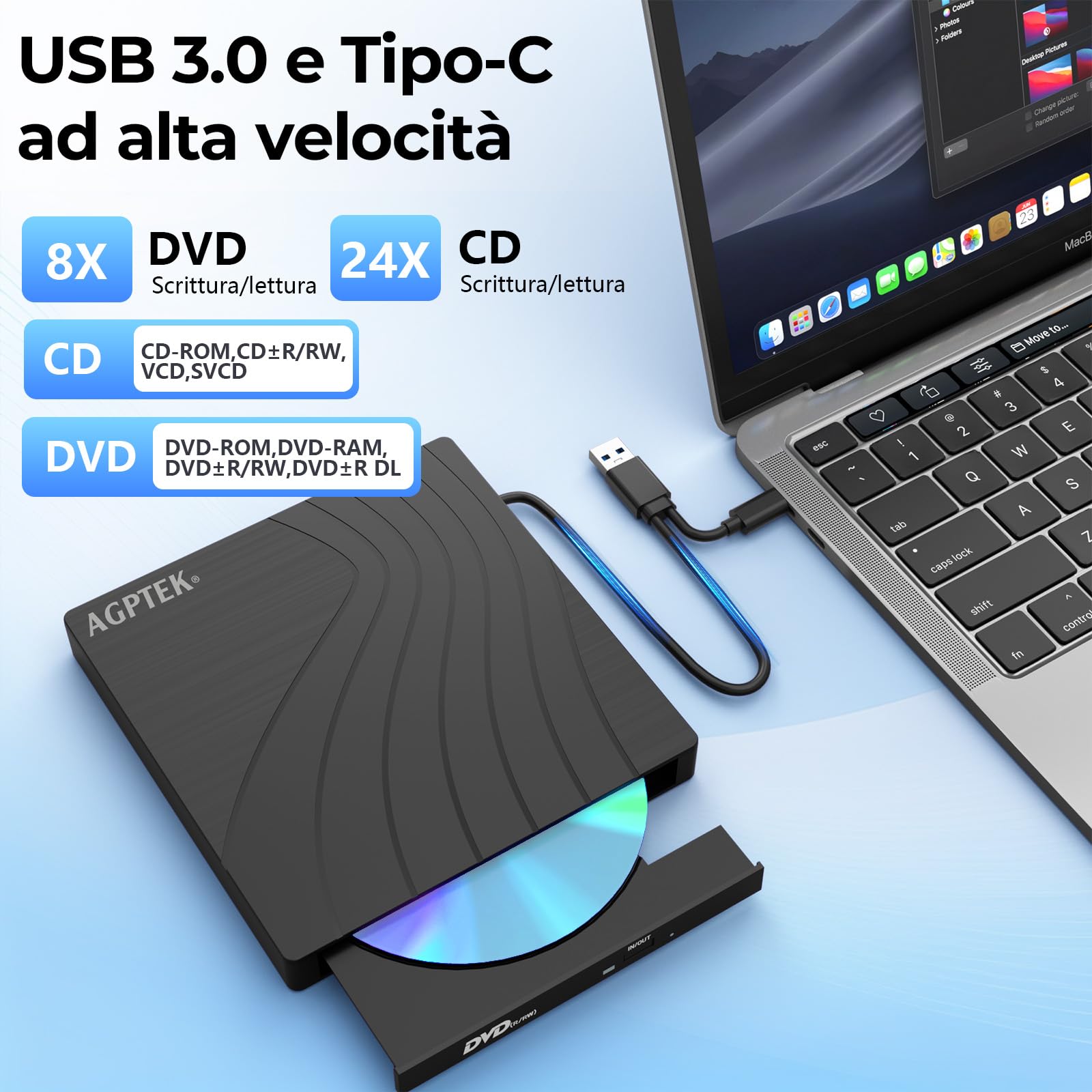 AGPTEK Unità CD/DVD esterna per laptop, lettore/scrittore CD/DVD per laptop, masterizzatore DVD sottile USB 3.0 con adattatore porte USB e slot per schede TF/SD, PC, MacBook, Windows, Linux, Mac OS