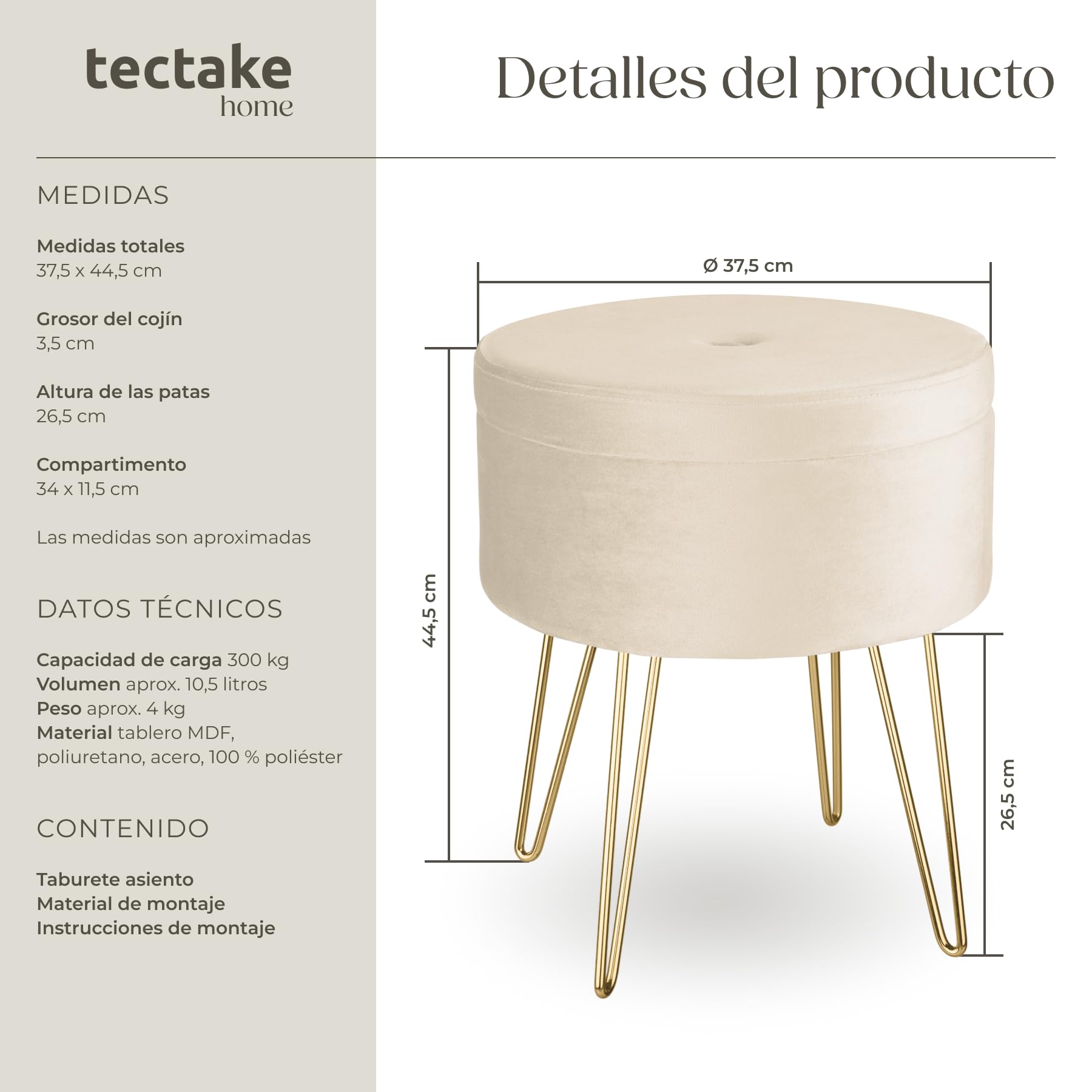 tectake® Elegante Taburete Redondo Aterciopelado con Espacio de Almacenamiento, Capacidad de Carga 300 kg, Mueble Auxiliar Dormitorio, Puff Salon, Taburete Dormitorio, Puff almacenaje - Crema