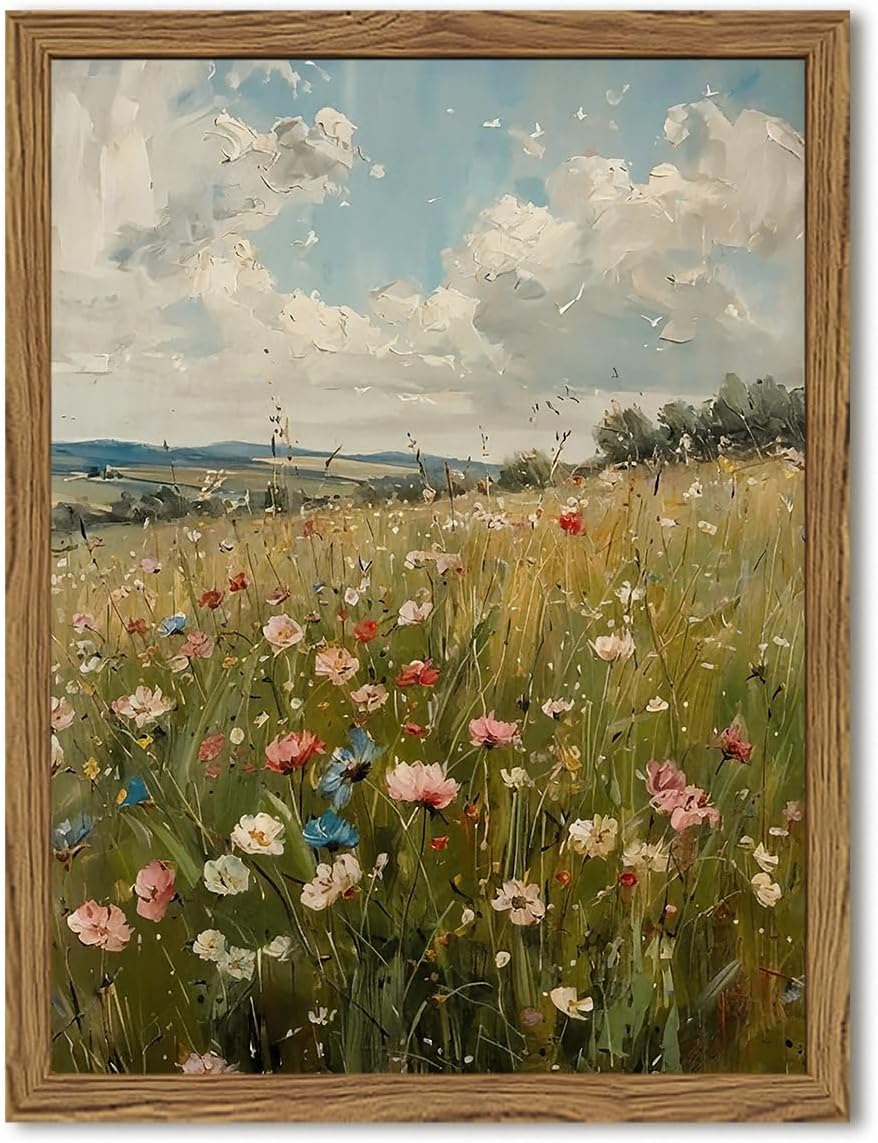 Vintage Wildflowers Wall Art, Vintage Botanical Wall Decor Paintings, Farmhouse Nature Colorful Flower Canvas Prints Artwork for Bedroom Living Room 24x16 inch Wood Framed