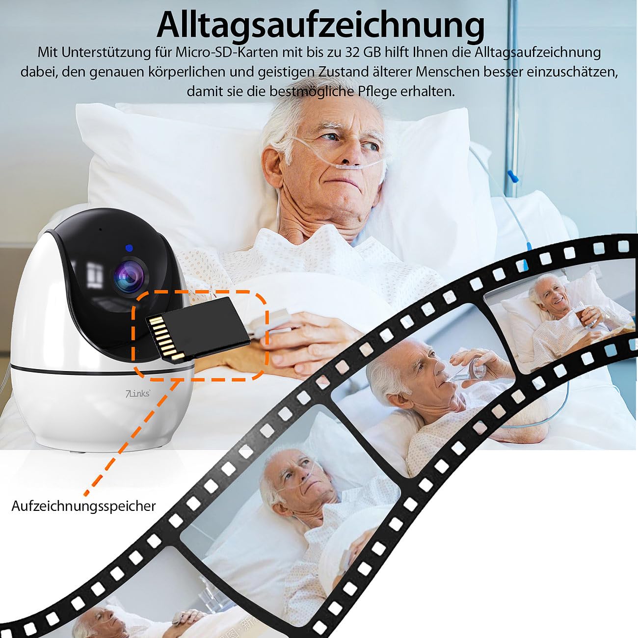 7links Babyphone für Senioren: HD-Video-Seniorenkamera, Schwenk- & neigbar, mit Notruf-Fernbedienung (Senioren Babyphone mit Kamera, Baby-Monitor-Kamera, Küche)
