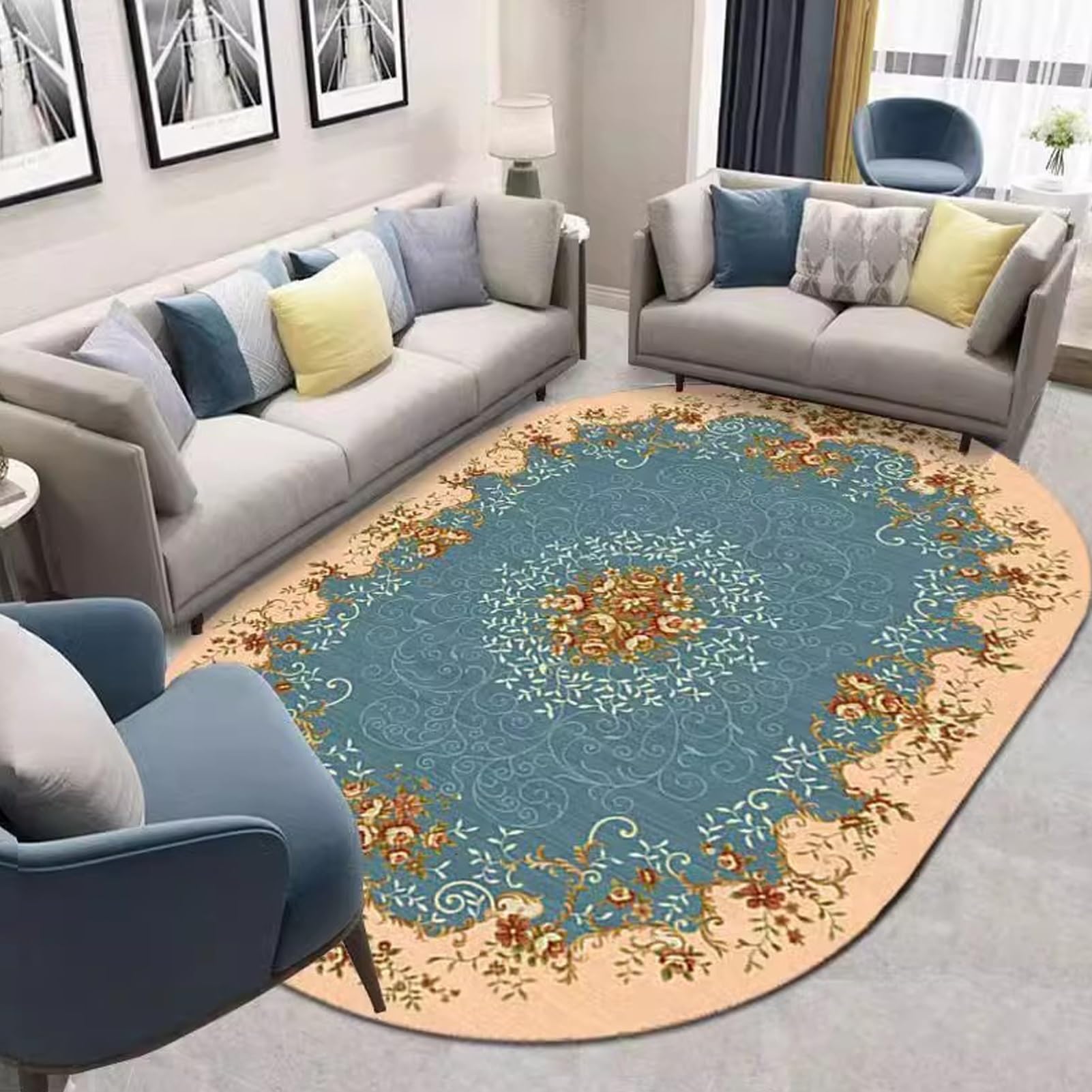 Tapis ovale bleu vintage 0,8x1,6m lavable et antidérapant