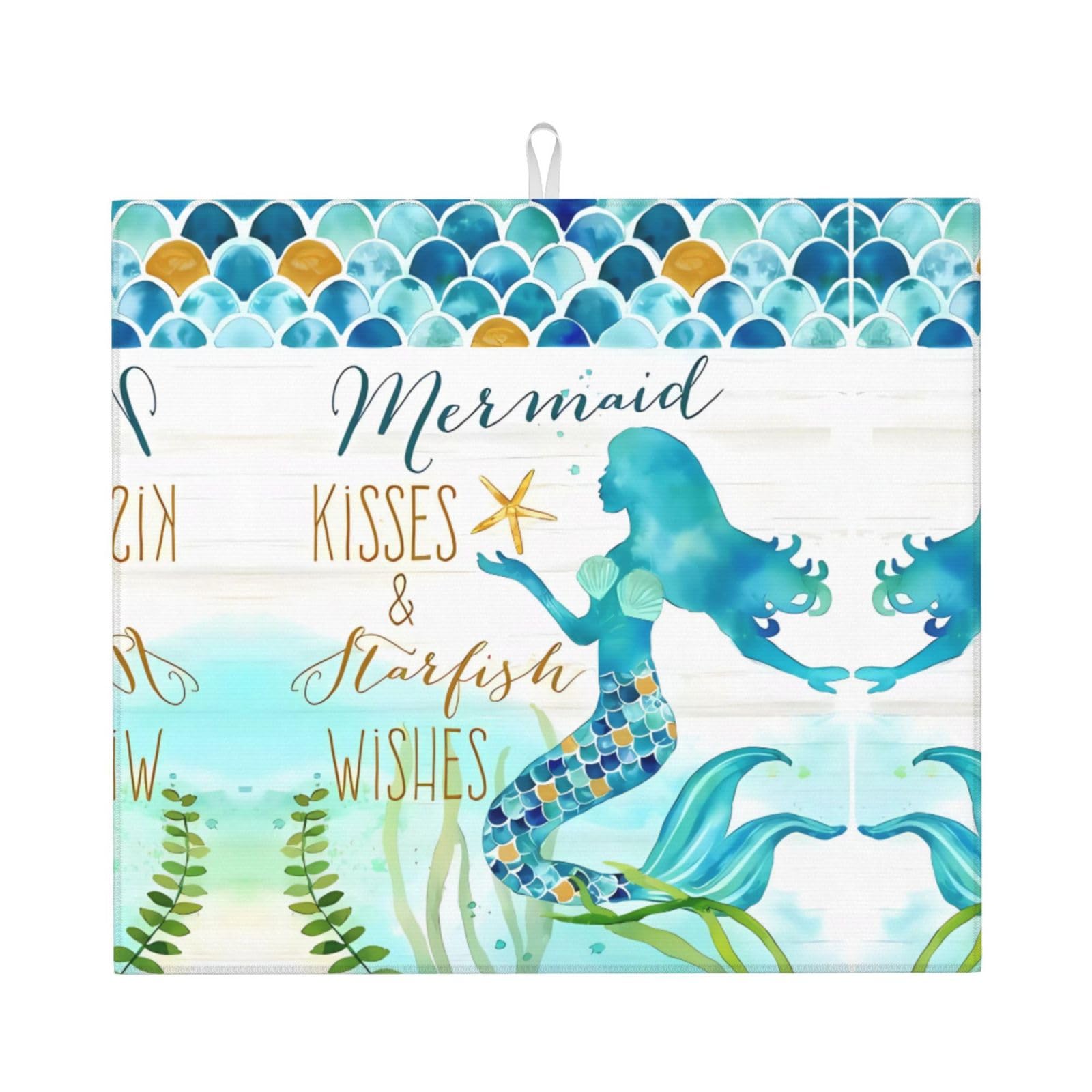 Yyhhaofa Black Mermaid Prints Kitchen Drying Mat – Absorbent Dish Throw For Countertops, Non-Slip Quick-Dry Layer With Stylish Prints