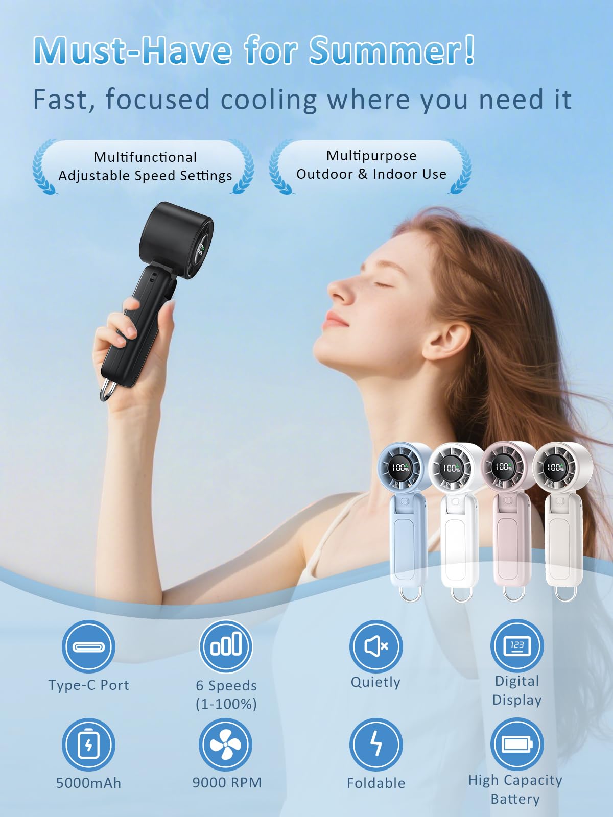 Handventilator, Tragbarer Ventilator, 1-100 Geschwindigkeit Einstellbarer Turbo-Lüfter, 5000 mAh Wiederaufladbarer Mini-Persönlicher Ventilator mit Faltbarem Design und LED-Display für