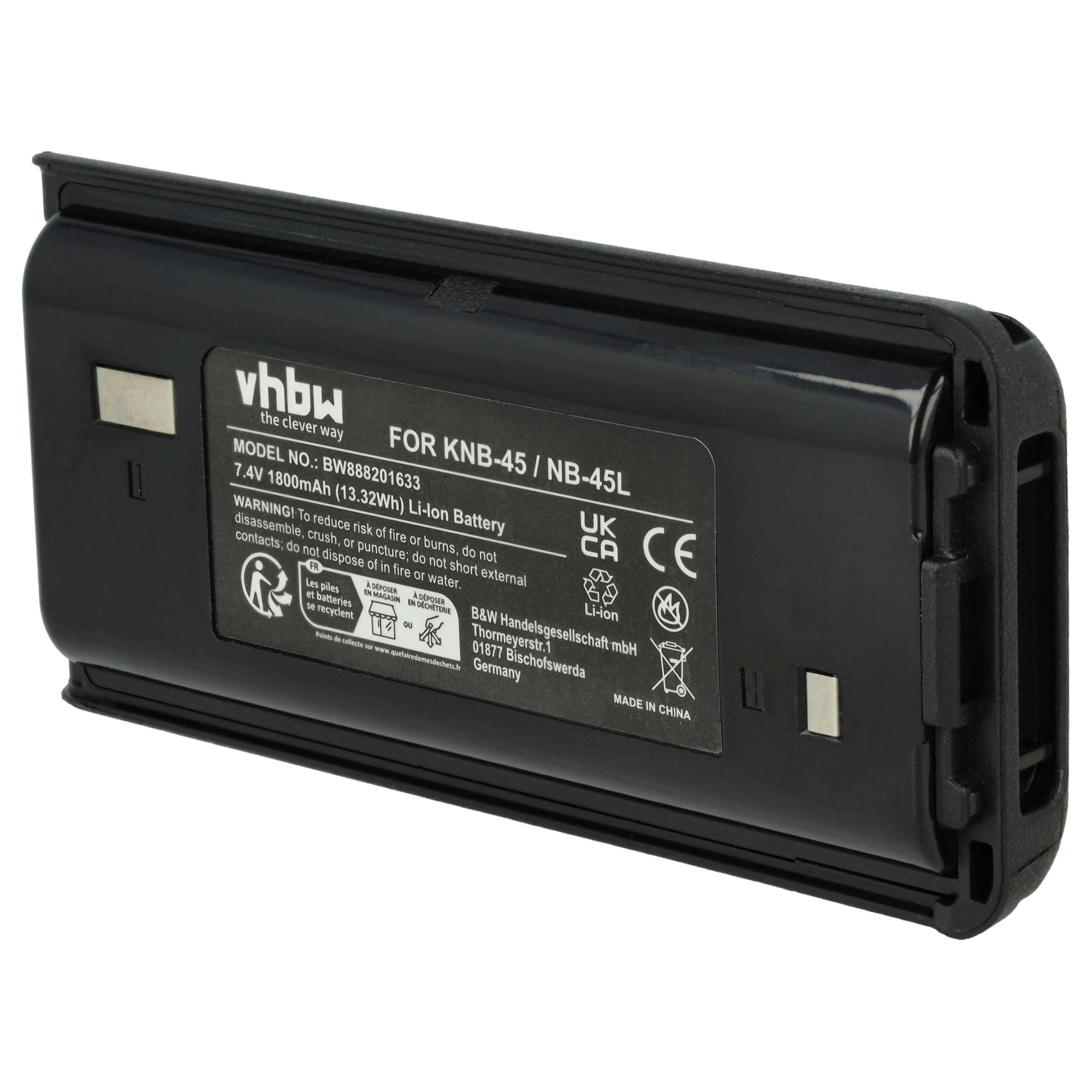 vhbw batteria sostituisce Kenwood KNB-45, KNB-45L, KNB-45Li per radio (1800mAh, 7,4V, Li-Ion)