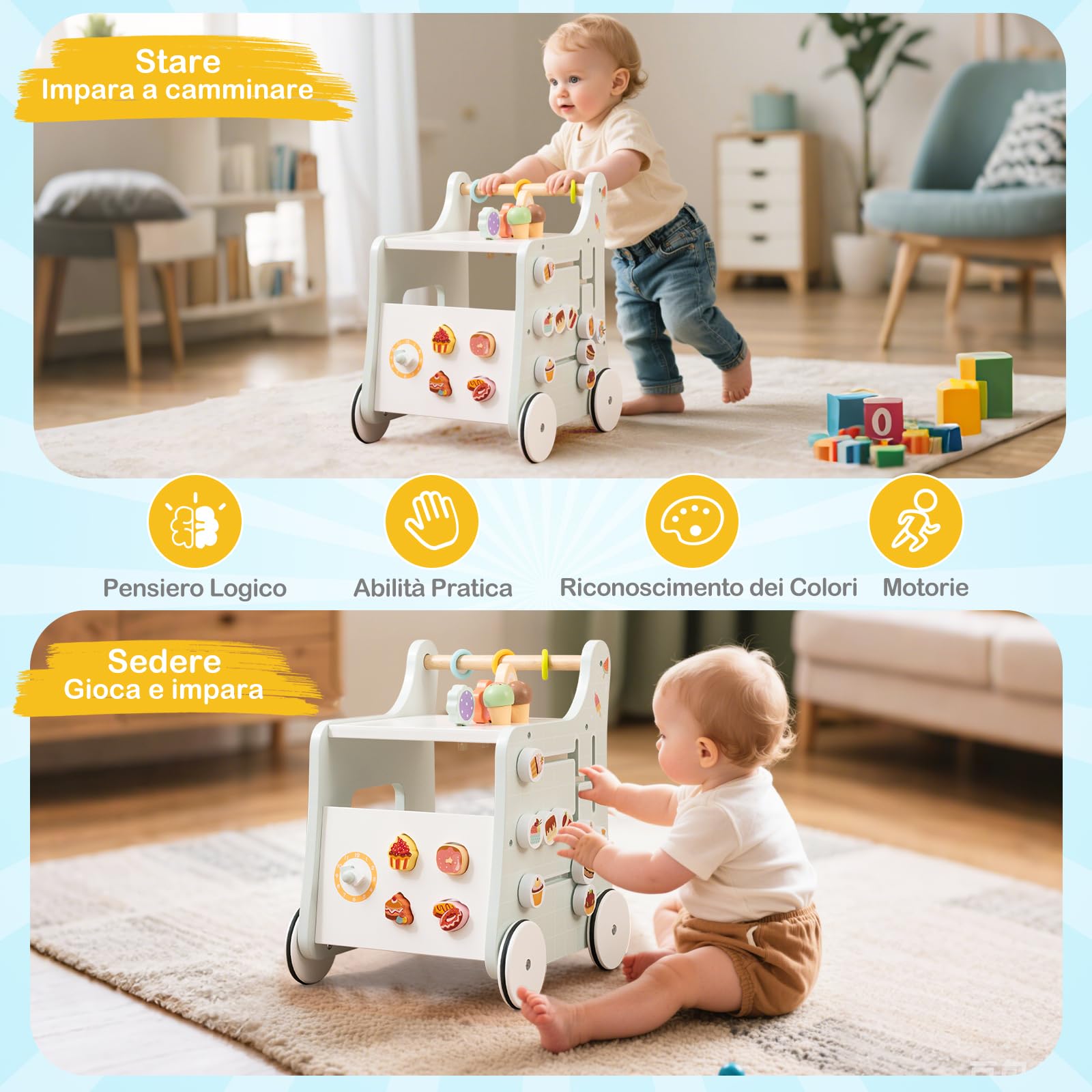 GYMAX Girello per Bambini in Legno 2-in-1, Carrello Primi Passidei Gelati con Accessori Interattivi e Ruote Antiscivolo, Cucina Giocattolo Montessori con Ruote, per Bambino 1 Anno + (Verde-1)