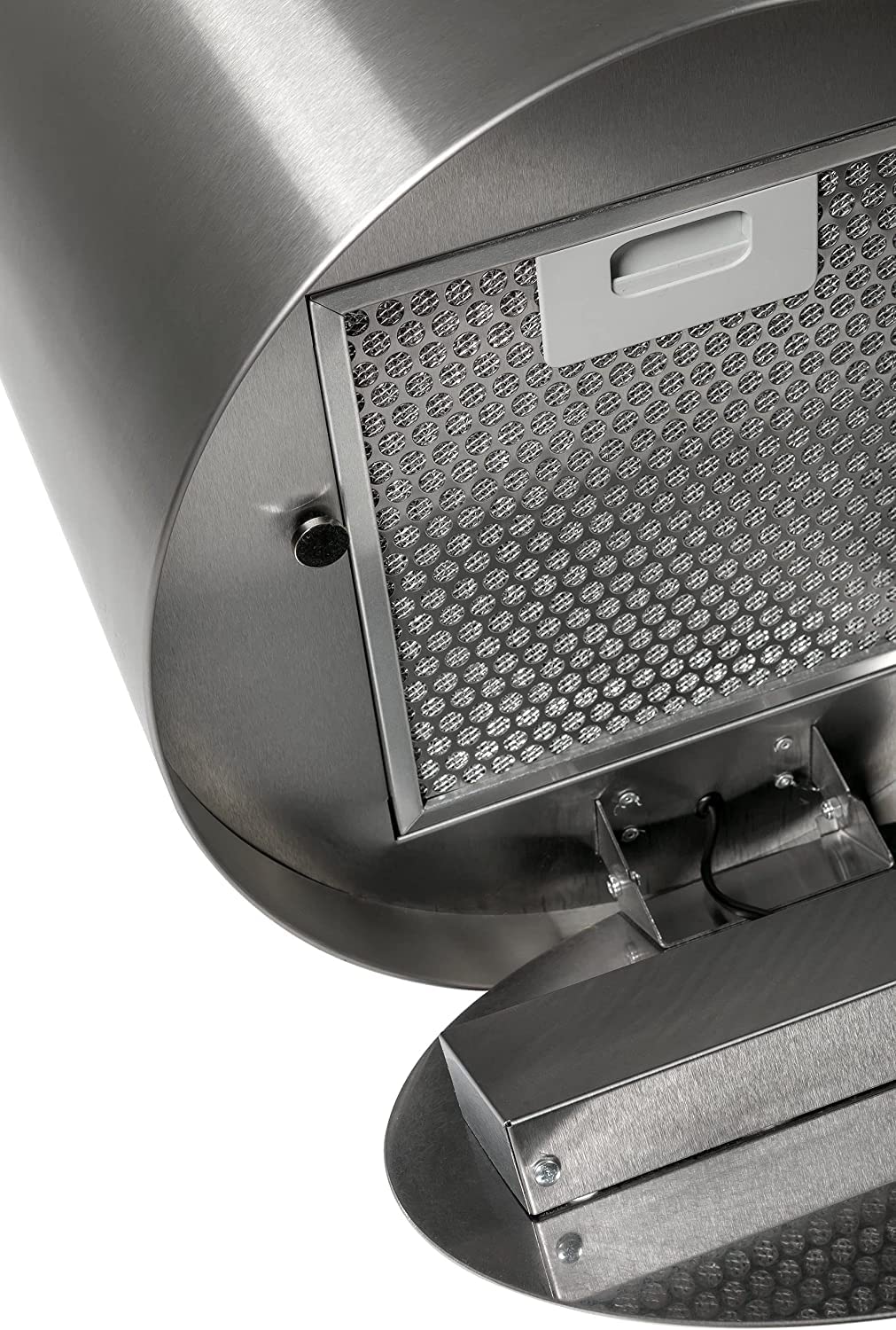GURARI Cappa isola 385 36 IS Pr, cappa rotonda 36 cm, acciaio inossidabile, cappa a a soffitto, 1000 m³/h, base in vetro bianco, 4 livelli, display LED, estrazione del bordo