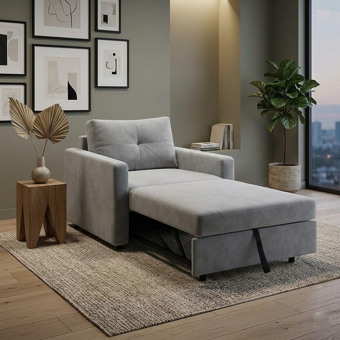 CASASTYLE Seria 1 Seater Pull-Out Premium Fabric Sofa Cum Bed Sofa Set for Living Room (Light Grey) Premium Velvet Finish Comfortable Sofa Bed