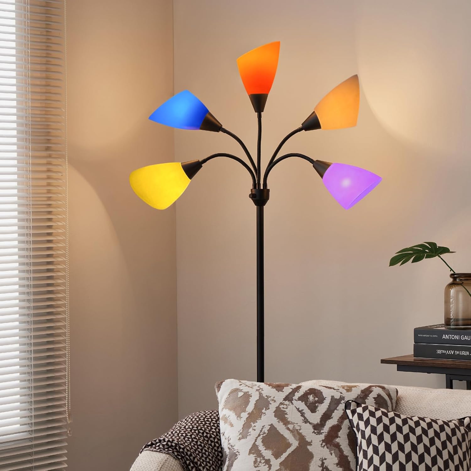 Medusa Floor Lamp, Multi Head 5 Light Floor Lamp for Bedroom with 10 Lampshade, Adjustable Neck Reading Standing Lamp for Living Room,Office,Kids,Classroom (Black)