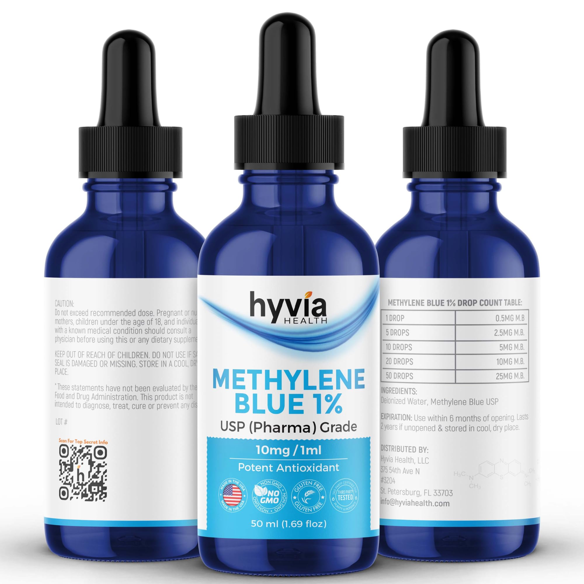 Methylene Blue 1% USP Pharmaceutical Grade For Humans - 99.99% Purity - Third-Party Tested, ISO-Certified, Formaldehyde & Alcohol Free Liquid Drops - 50mL (1.69oz) with Dropper | USA Made